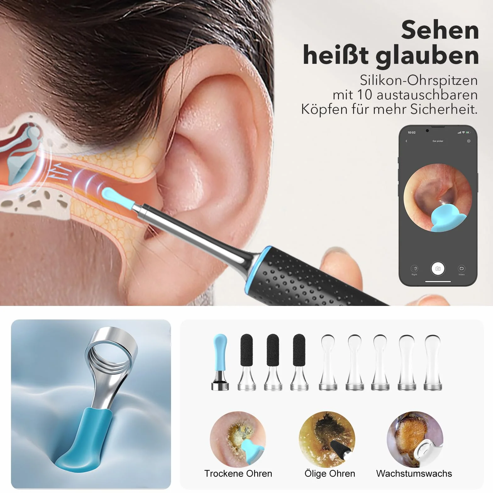 Otoskop: Otoscope do usuwania woskowiny z 1080P HD Camara, 3.5mm Inteligentny środek do czyszczenia uszu, Wodoodporna kamera do uszu IP67 z 6 diodami LED, odpowiedni dla iPad, iOS, Android