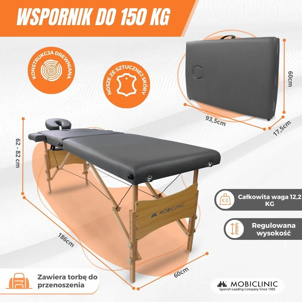 Mobiclinic® Łóżko do Masażu Składane 186x60 cm Czarny Drewno Przenośne