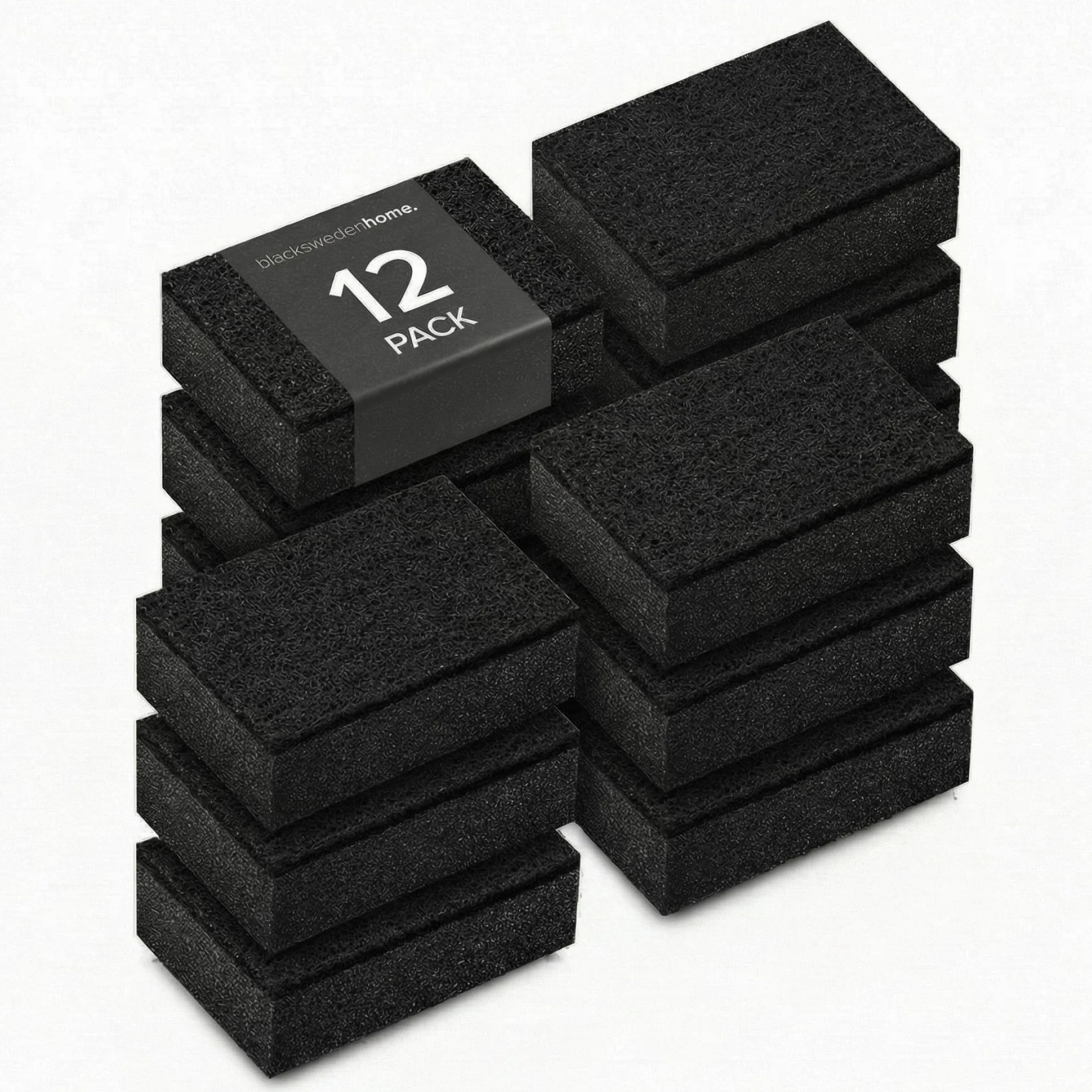 Black Sweden Home SVAMP gąbka do mycia naczyń, 12 sztuk, czarna, trwała i uniwersalna, gąbka do mycia naczyń, gąbka do czyszczenia z włókniną do szorowania