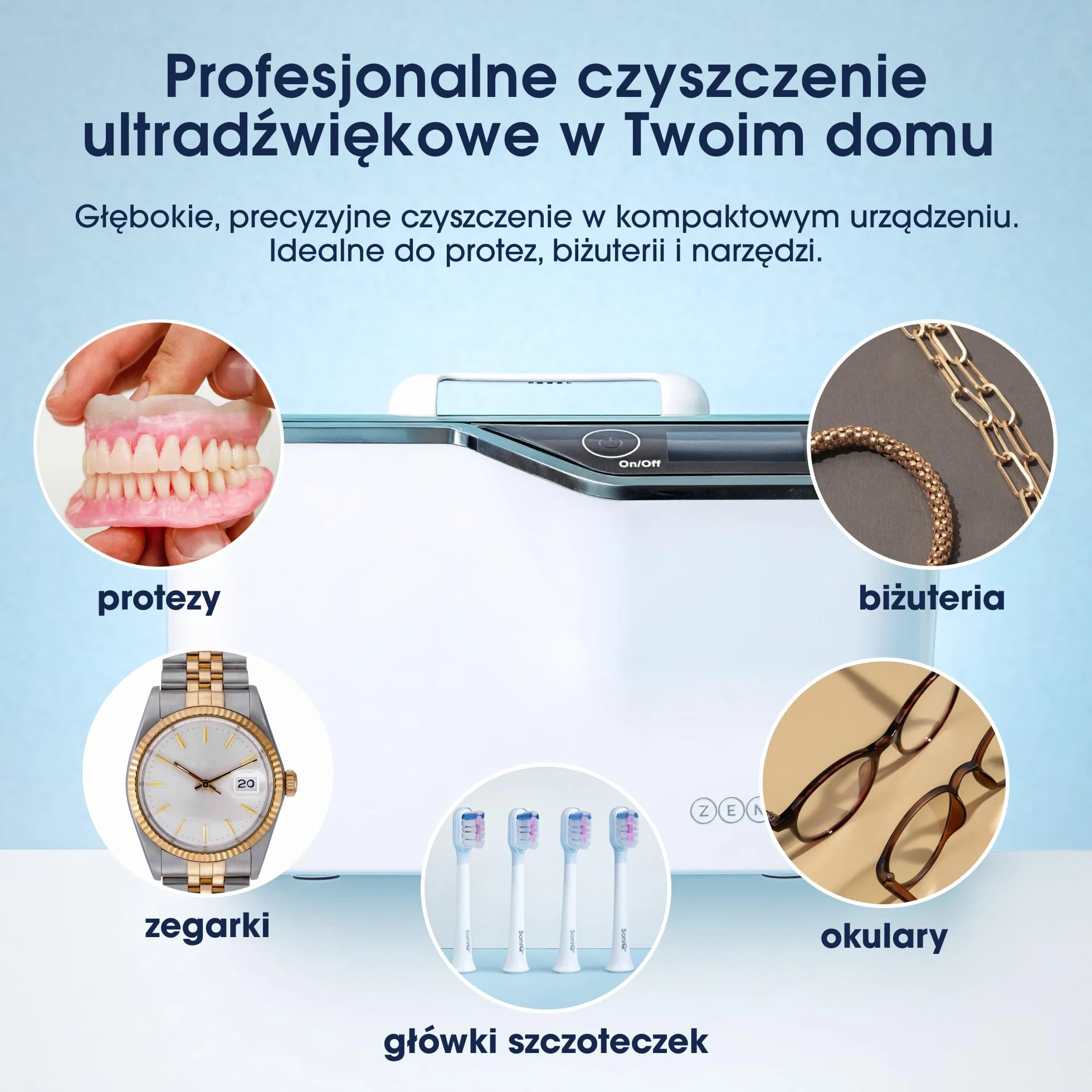 ZENT DeepClean+ Myjka ultradźwiękowa 600 ml do okularów, aparatów ortodontycznych, protez, biżuterii i akcesoriów - 5 Trybów czasowych, System aktywnego chłodzenia, Energooszczędne