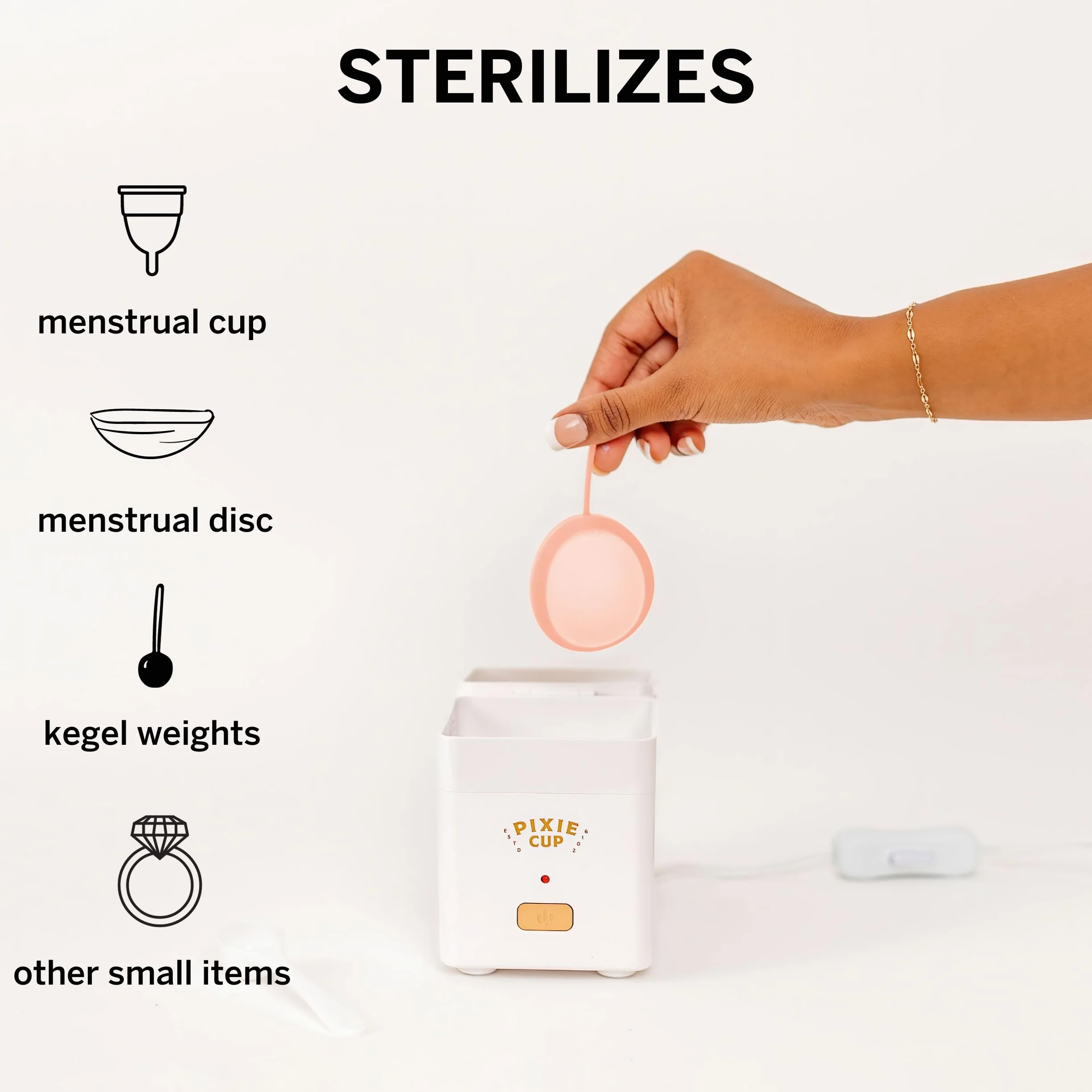 Dyski menstruacyjne ze sterylizatorem – miękkie i wielokrotnego użytku – miejsce 1 dla komfortu – zabija 99,9% zarazków – czyści w 3 minuty – kompaktowy zestaw do czyszczenia