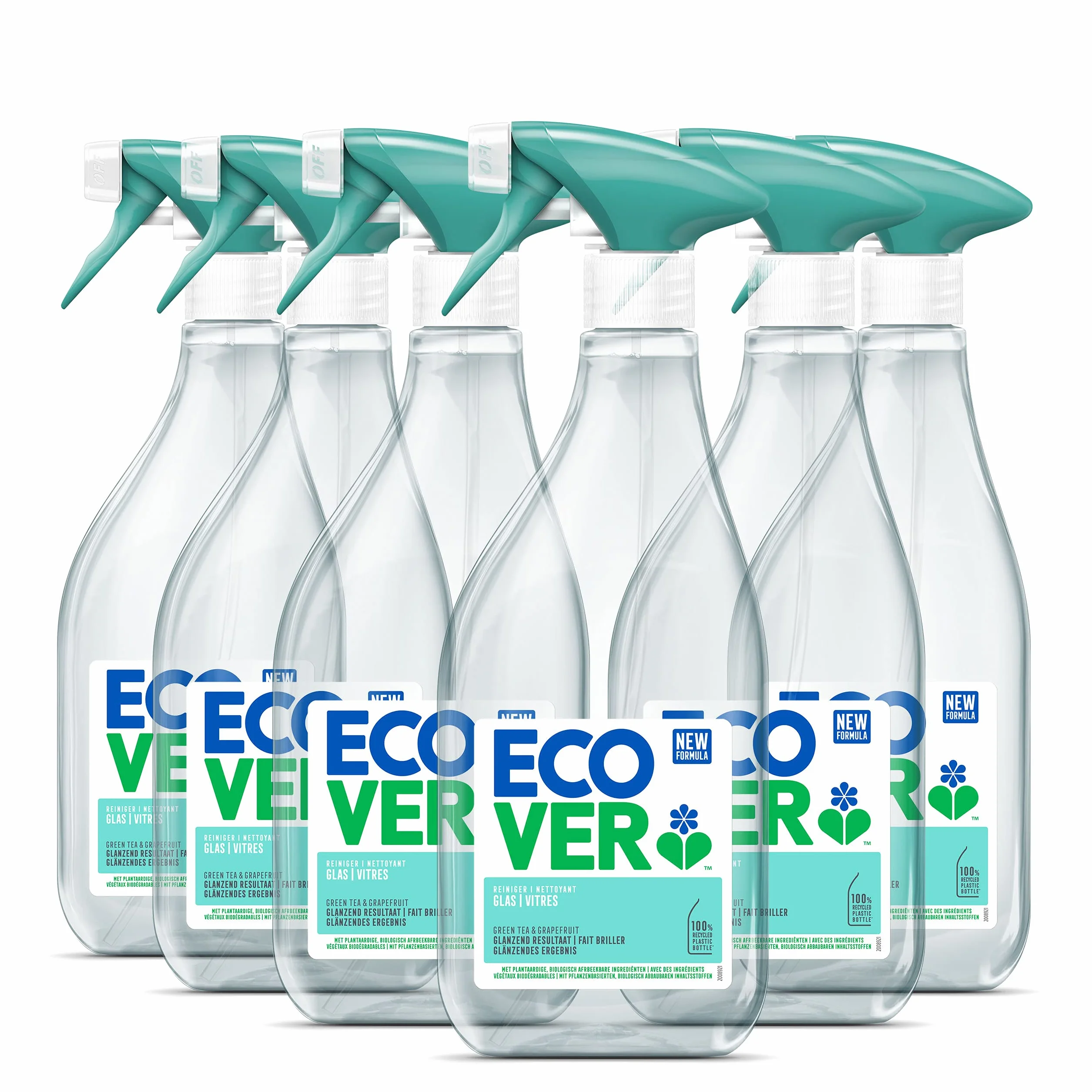 Ecover Spray do czyszczenia szkła bez smug, zapach zielonej herbaty i grejpfruta, 6 x 500 ml