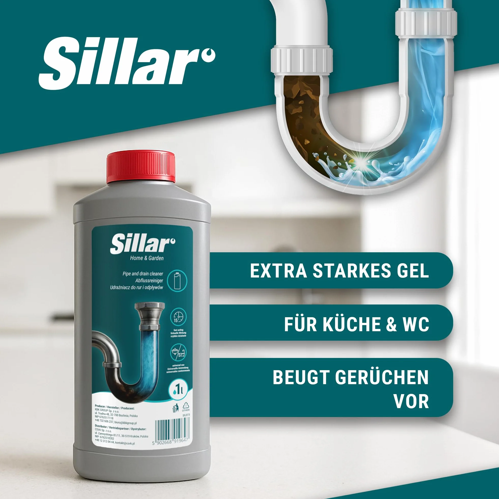 Sillar Żel do udrażniania rur 2x 1000ml EXTRA MOCNY, rozpuszcza włosy, tłuszcz i resztki – do kuchni, prysznica i WC, efekt piany