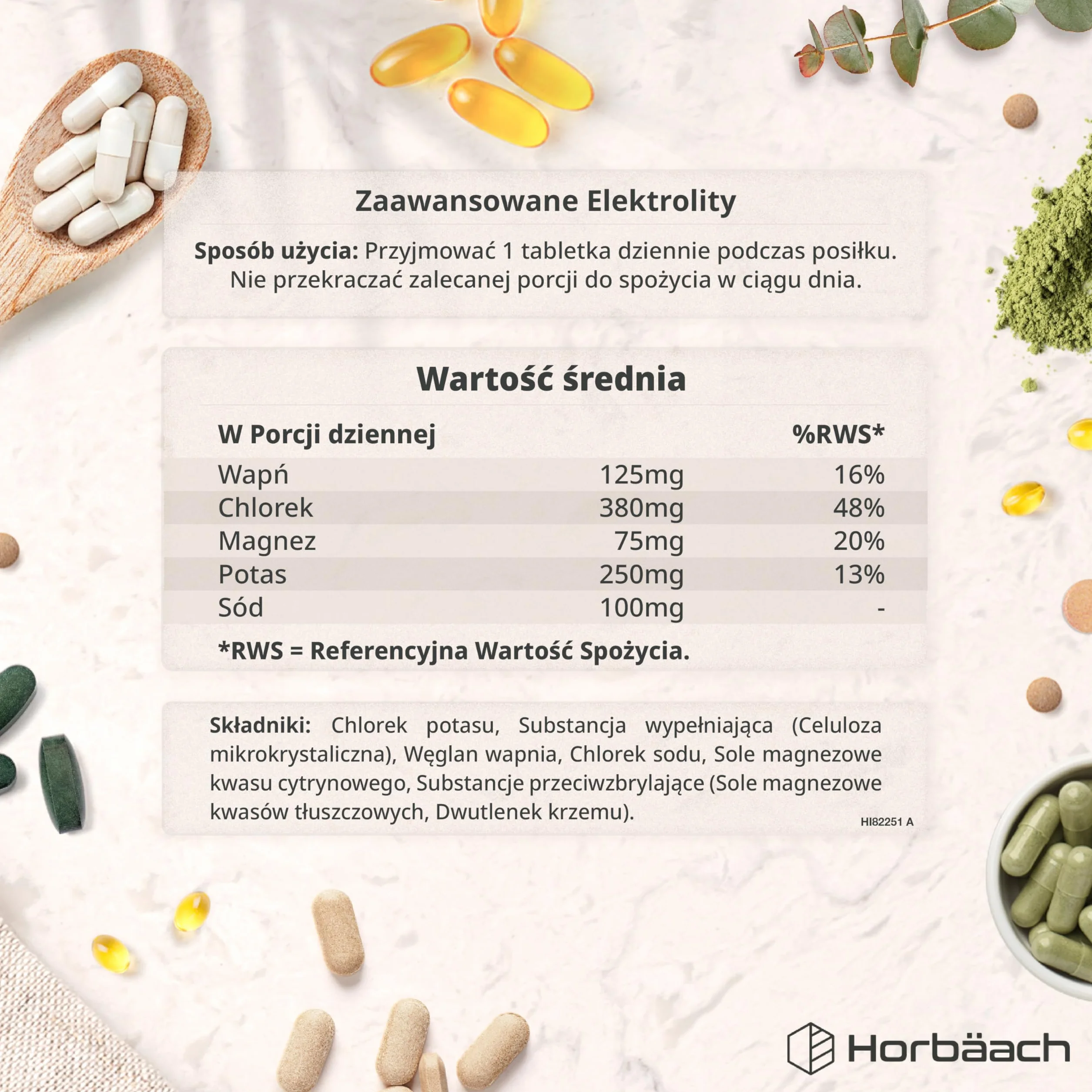 Elektrolity 930mg z Potasem, Chlorkiem, Wapniem, Magnezem i Sodem | Elektrolity w Tabletkach | Alternatywa dla Proszku i Saszetek | Bez cukru | 240 Wegańskich Tabletek | marki Horbaach