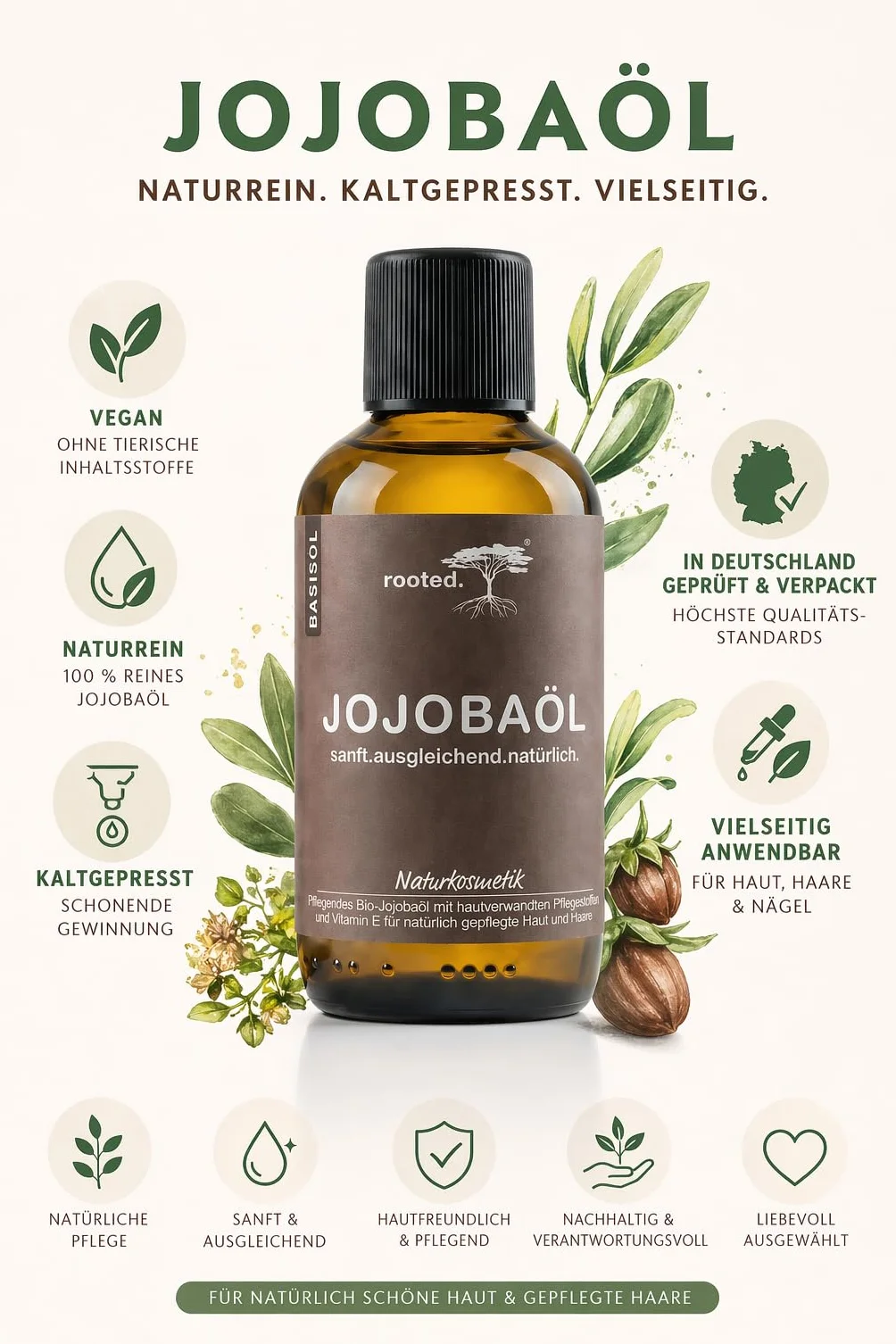 rooted.® Bio olejek jojoba 50 ml – 100% czysty, tłoczony na zimno olejek jojoba – olej nośny do olejków eterycznych – pielęgnacja skóry, twarzy, włosów, paznokci i brody – naturalny i bez dodatków