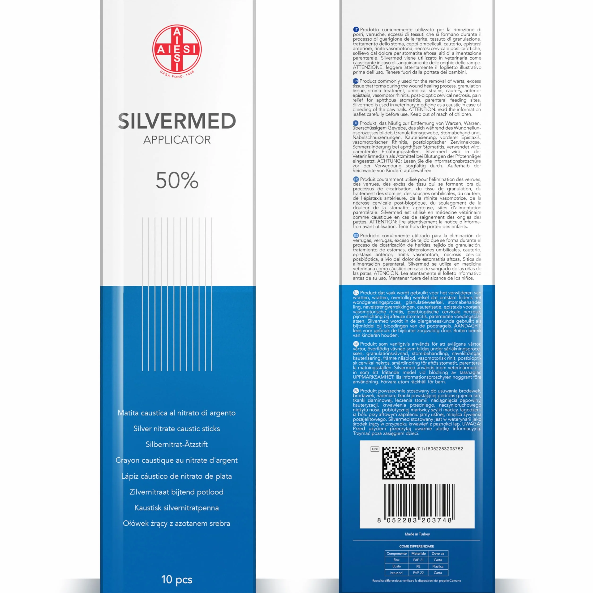 AIESI Pałeczki z azotanu srebra 50% SILVERMED 50 do leczenia brodawek i nagniotków Opakowanie 10 aplikatorów