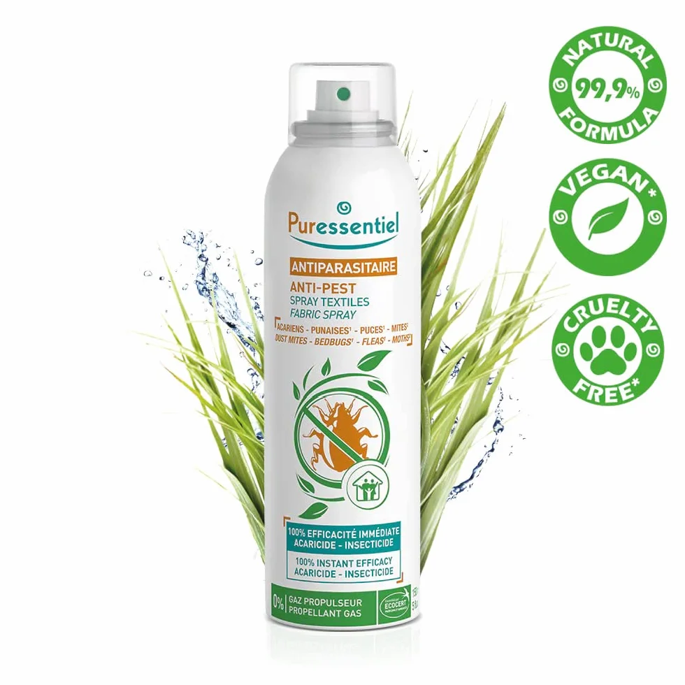 Puressentiel Spray do tkanin przeciw szkodnikom, skuteczny na roztocza, pluskwy, pchły i ćmy, 100% natychmiastowa skuteczność | środek owadobójczy | 0% gaz napędowy | 150 ml