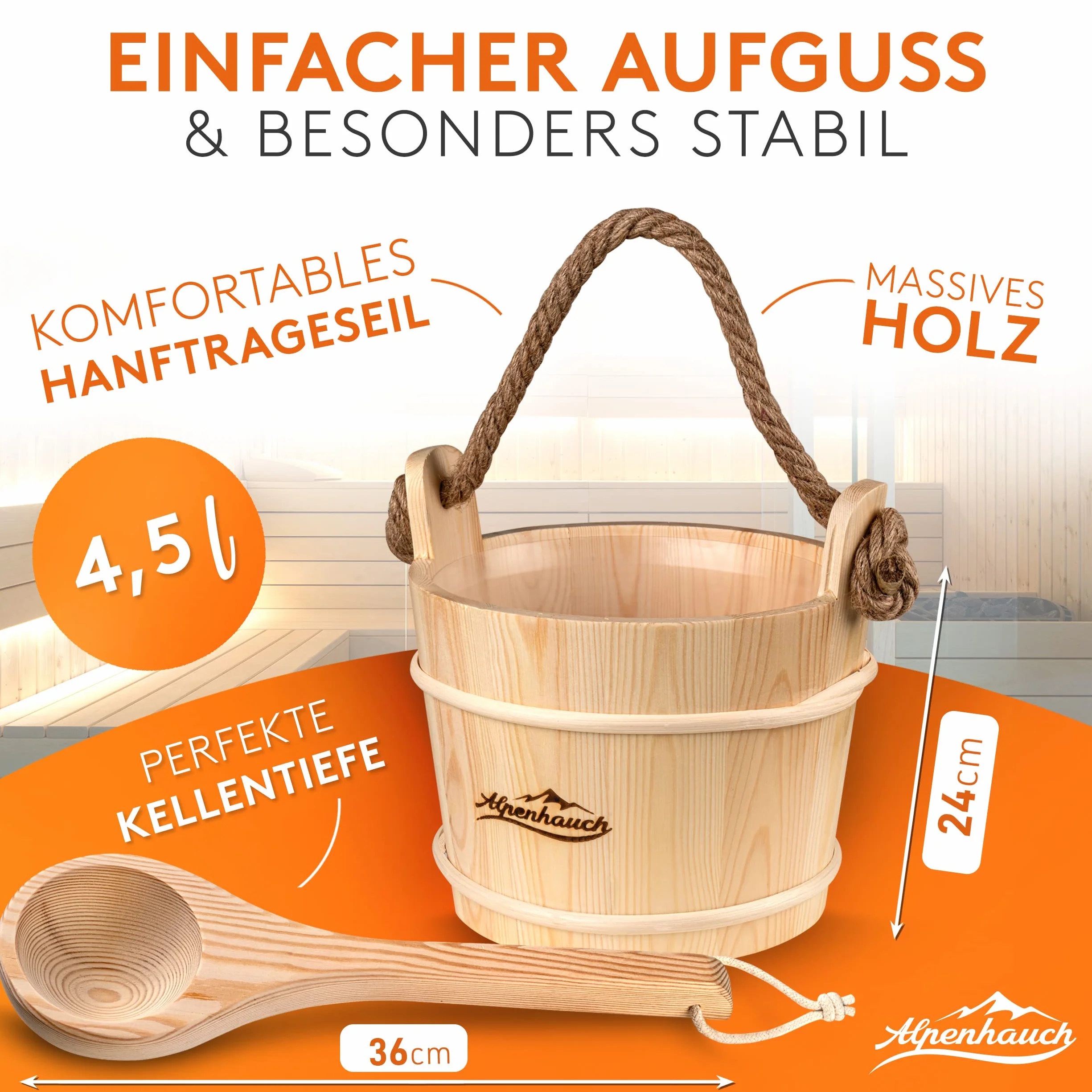 ALPENHAUCH Wiadro do sauny z chochlą [100% naturalne drewno] – elegancki zestaw do sauny z klepsydrą i termometrem / higrometrem – trwałe akcesoria do sauny – zestaw wiadra do infuzji wraz z