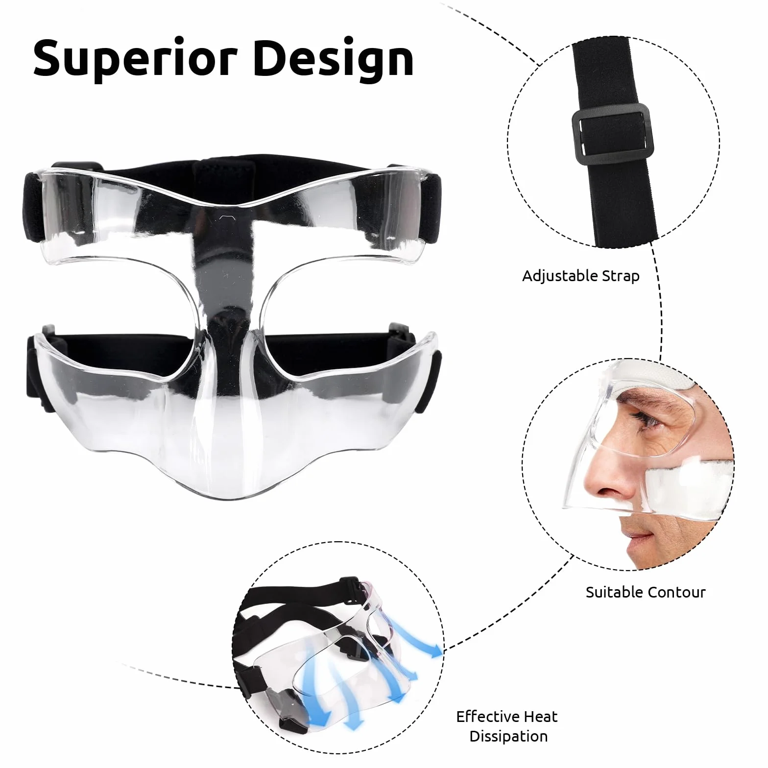 Maska na nos, piłka nożna, ochrona twarzy, ochrona twarzy, ochrona nosa do siatkówki, regulowana ochrona twarzy z wyściółką, dla dorosłych unisex (przezroczysta-2)
