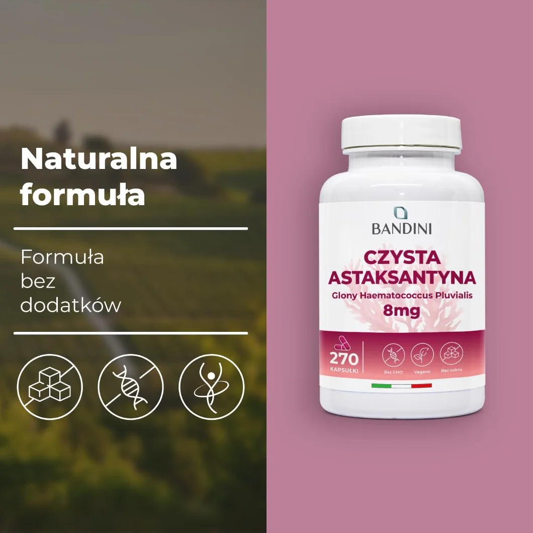 Bandini Czysta Astaksantyna 270 kapsułek 9-miesięczny zapas Naturalny przeciwutleniacz Astaxanthin 8 mg na kapsułkę Vegan bez GMO