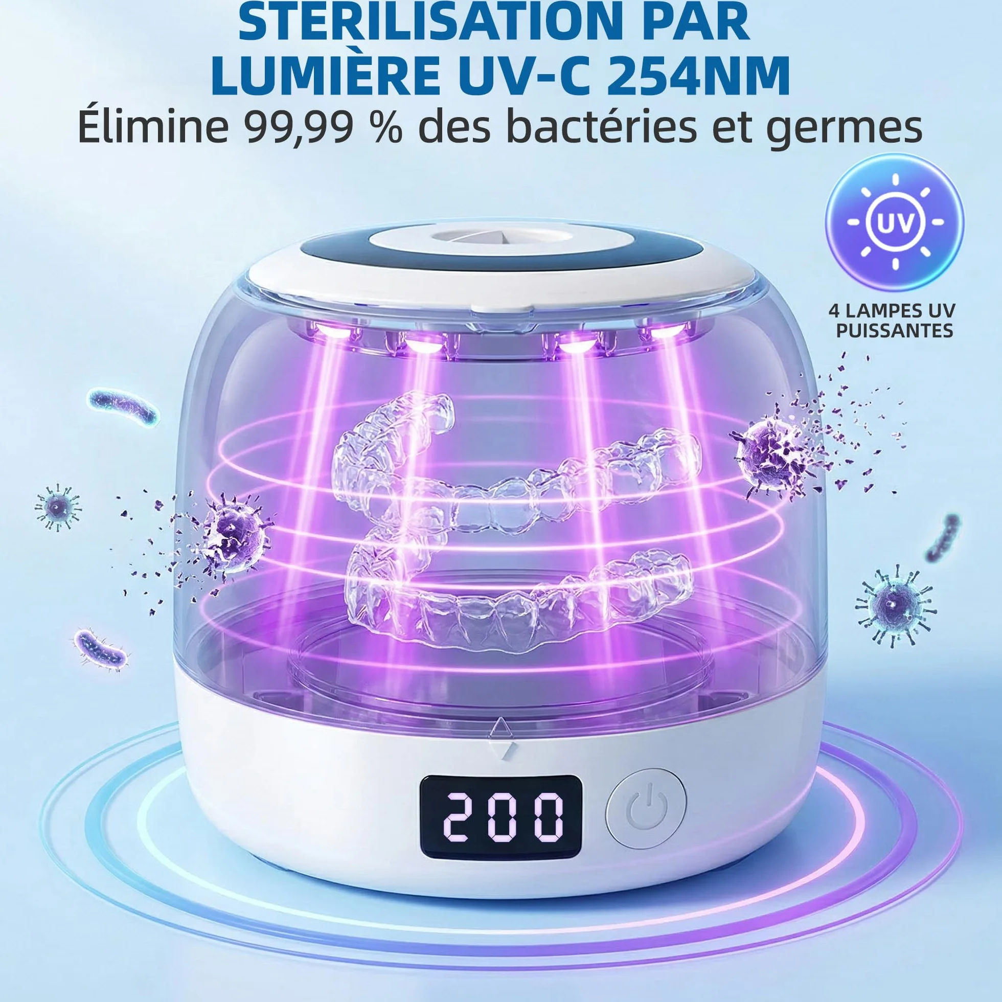Carehabi Ultradźwiękowe urządzenie do czyszczenia szyn dentystycznych 45 kHz Dental Pod ze światłem UV 200 ml