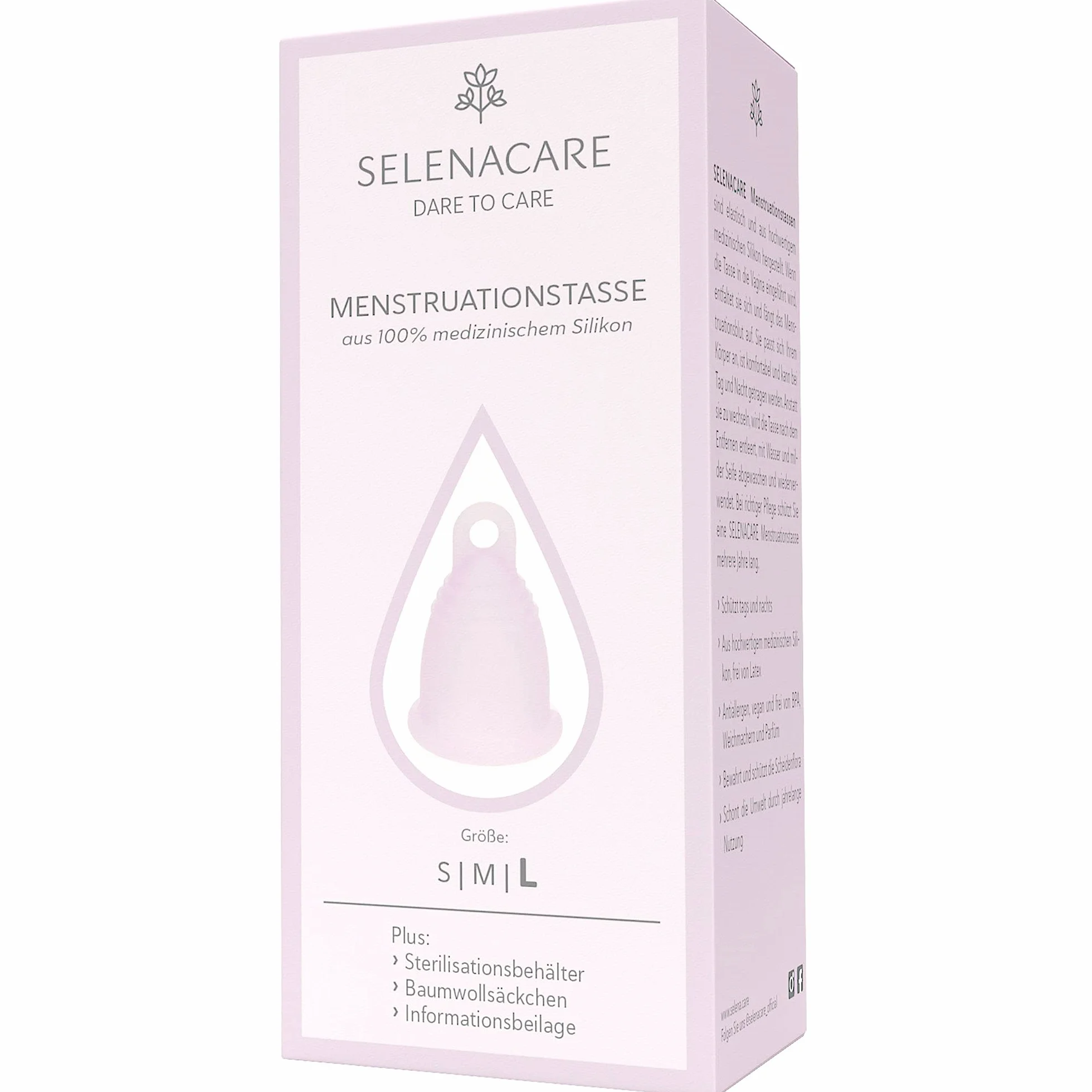 Selenacare Filiżanka menstruacyjna Premium L różowa z pojemnikiem i woreczkiem bawełnianym