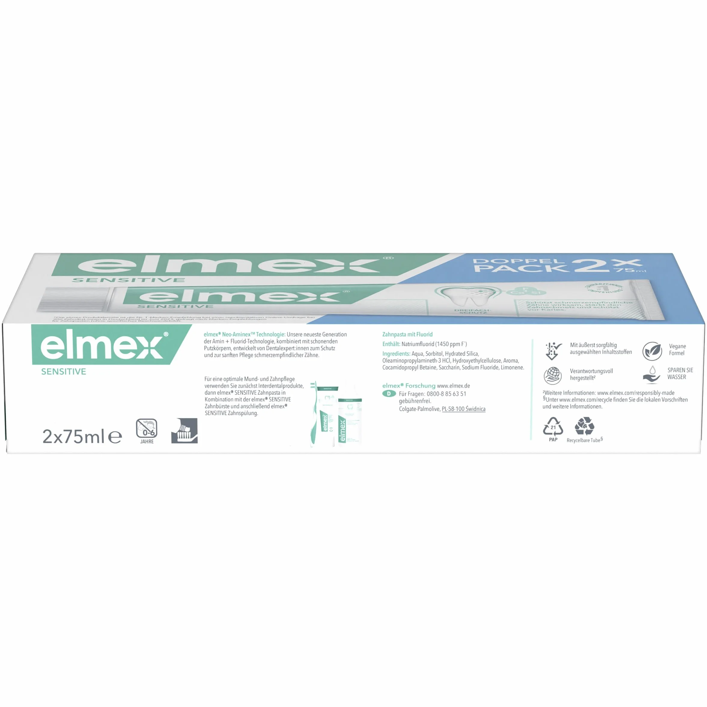 elmex Pasta do zębów Sensitive 2 x 75 ml – delikatne czyszczenie zębów i ochrona wrażliwych na ból zębów – klinicznie potwierdzona dla silnych zębów i przeciw próchnicy