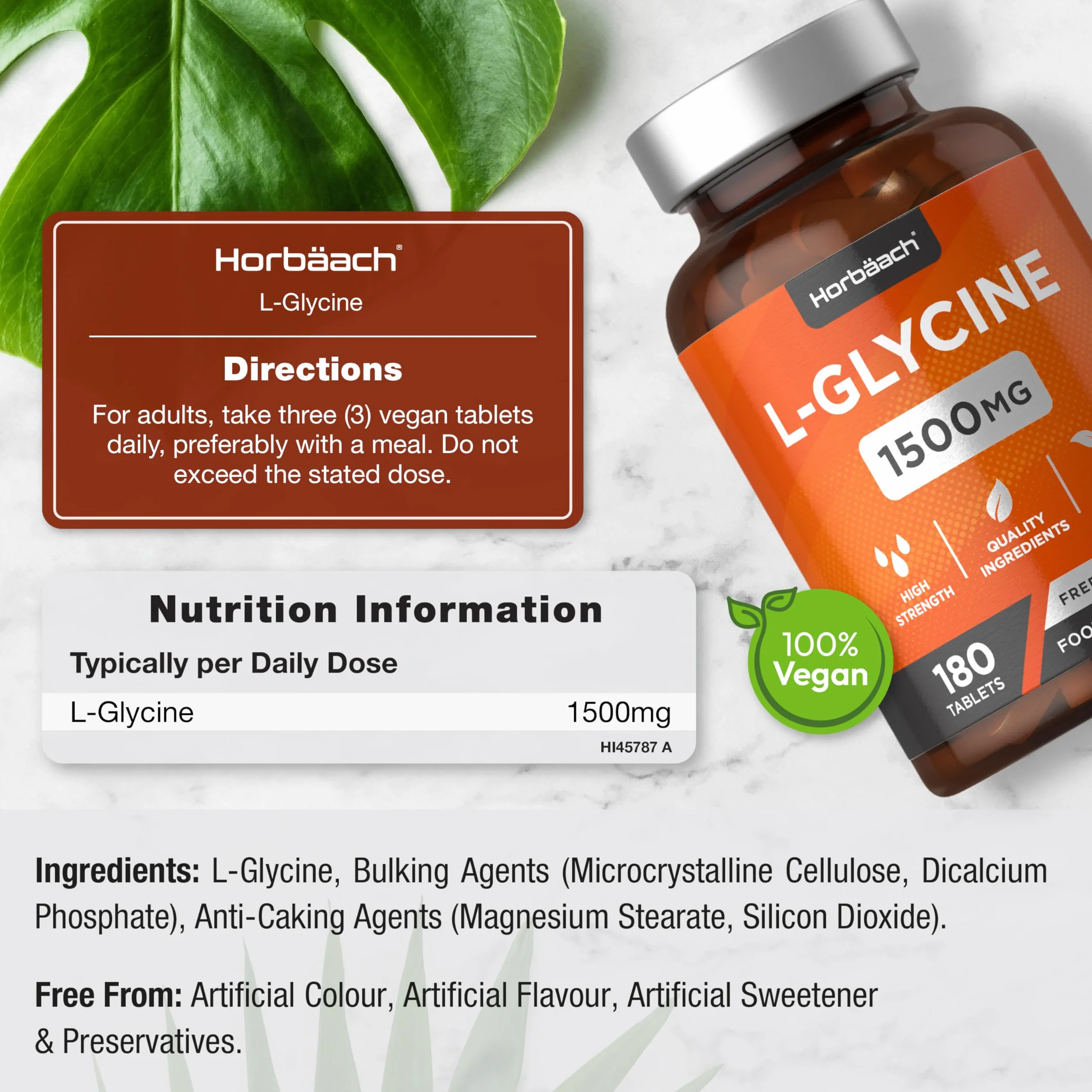 L-Glicyna 1500 mg | Wysokiej Mocy Aminokwas | 180 Tabletek | 100% Wegański Suplement Diety | marki Horbaach