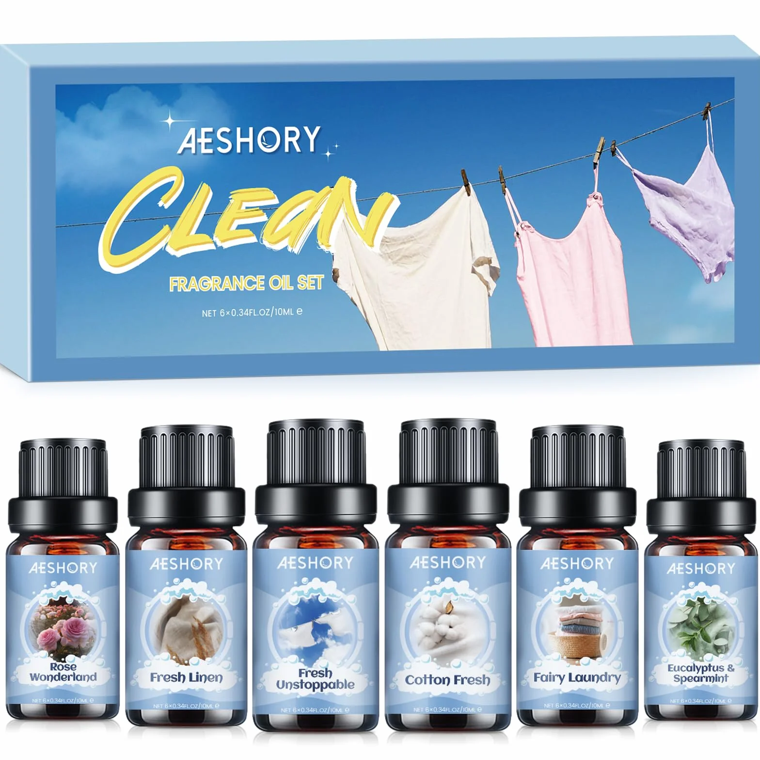 Zestaw Olejków Eterycznych Do Prania 6x10ml, Naturalny Olejek Zapachowy Do Dyfuzora, Czyszczenie – Niesamowicie Świeży, Len, Bawełna, Eukaliptus I Mięta, Pranie Jak Wróżka, Różany Cud