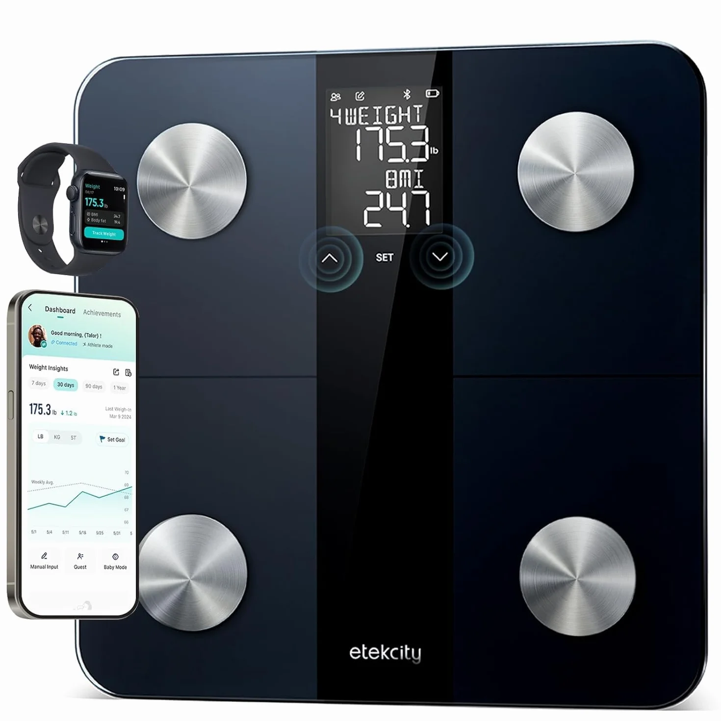 Etekcity Waga osobowa z technologią AC 180 kg/0,05 kg, Bluetooth z aplikacją, waga z tkanką tłuszczową i masą mięśniową, BMI, wyświetlacz XL