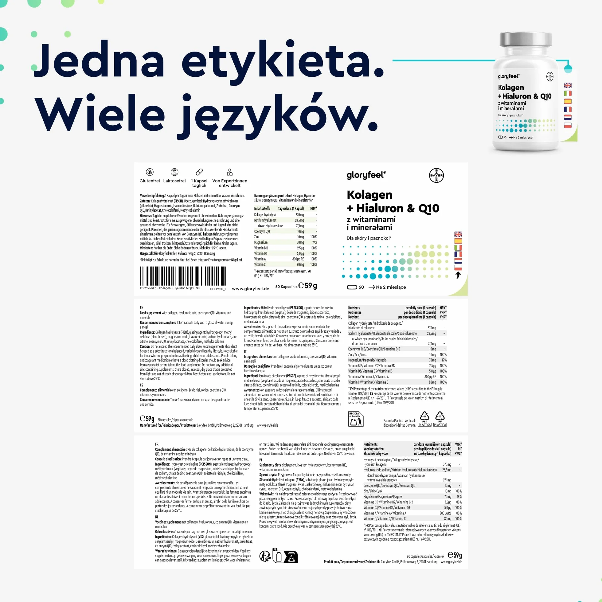 Kolagen+koenzym Q10+kwas hialuronowy - Premium: Kolagen morski - Z cynkiem, magnezem, witaminą B12, D3, A i C - 60 kap. - Testowane laboratoryjnie, wysoka dawka bez dodatków, wyprodukowane w Niemczech