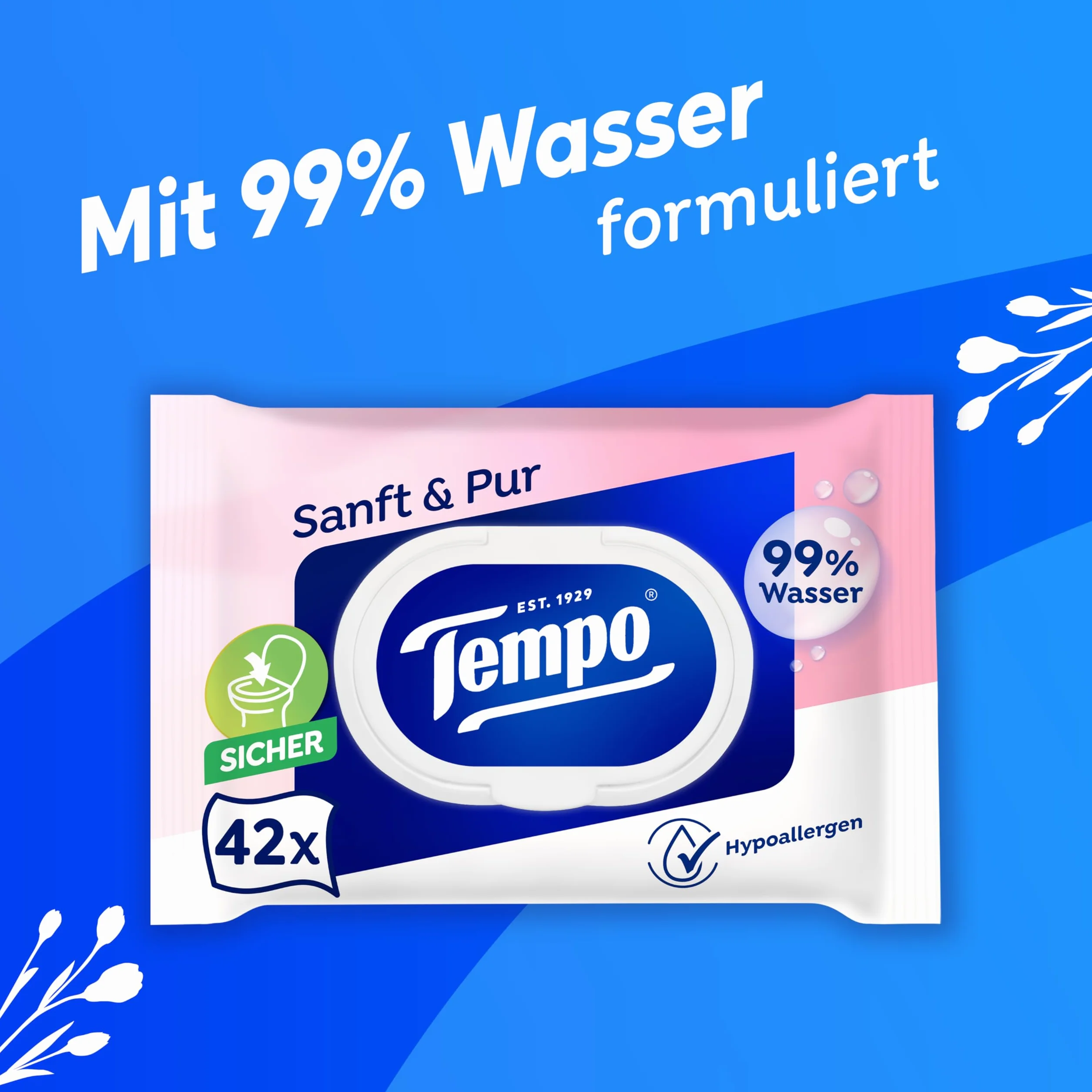 Tempo Wilgotne ściereczki toaletowe Soft & Pur Megapack 16 opakowań po 42 sztuki wilgotny papier toaletowy testowany dermatologicznie