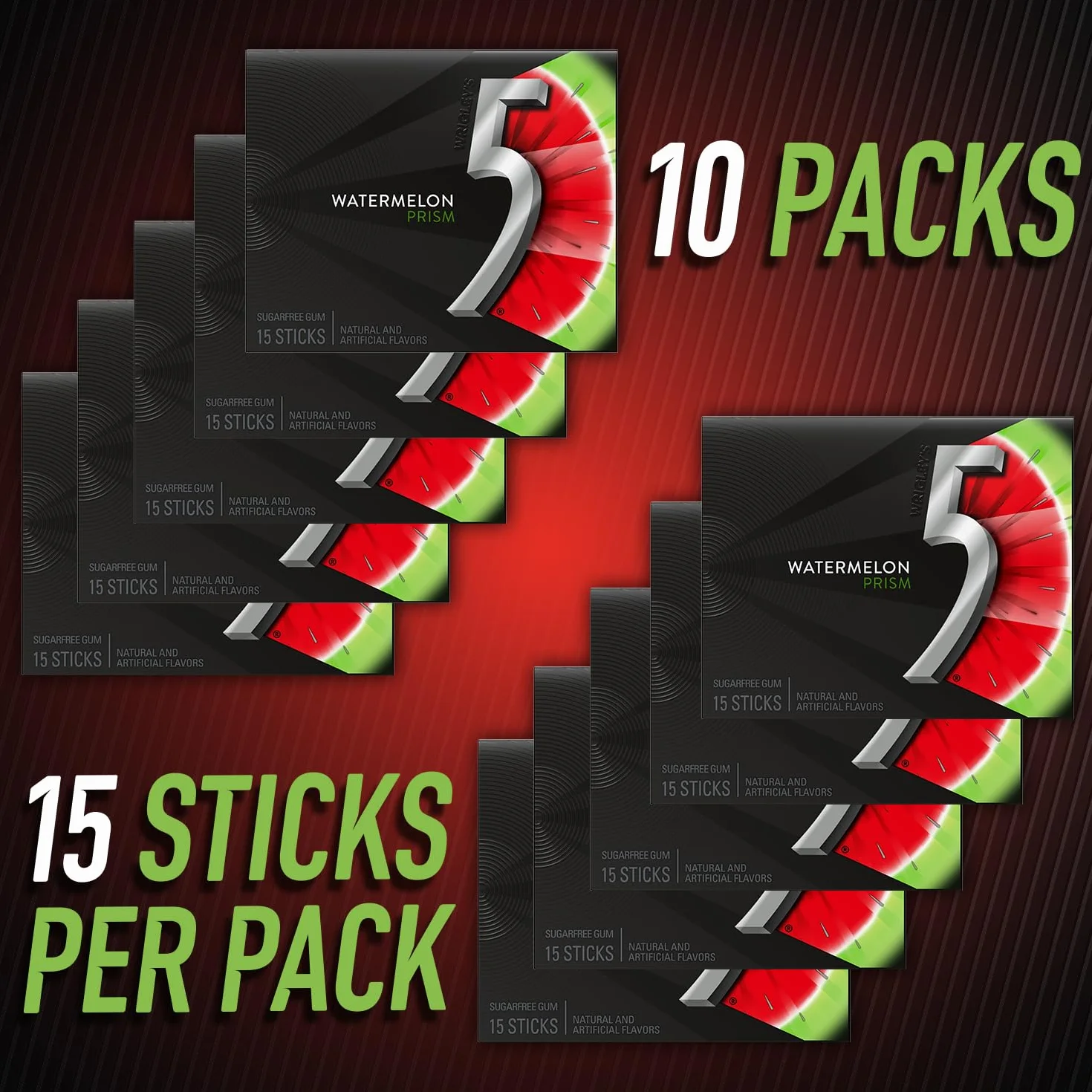 5 GUM Watermelon Prism Sugar Free Chewing Gum, 15 pieces (10 pack)