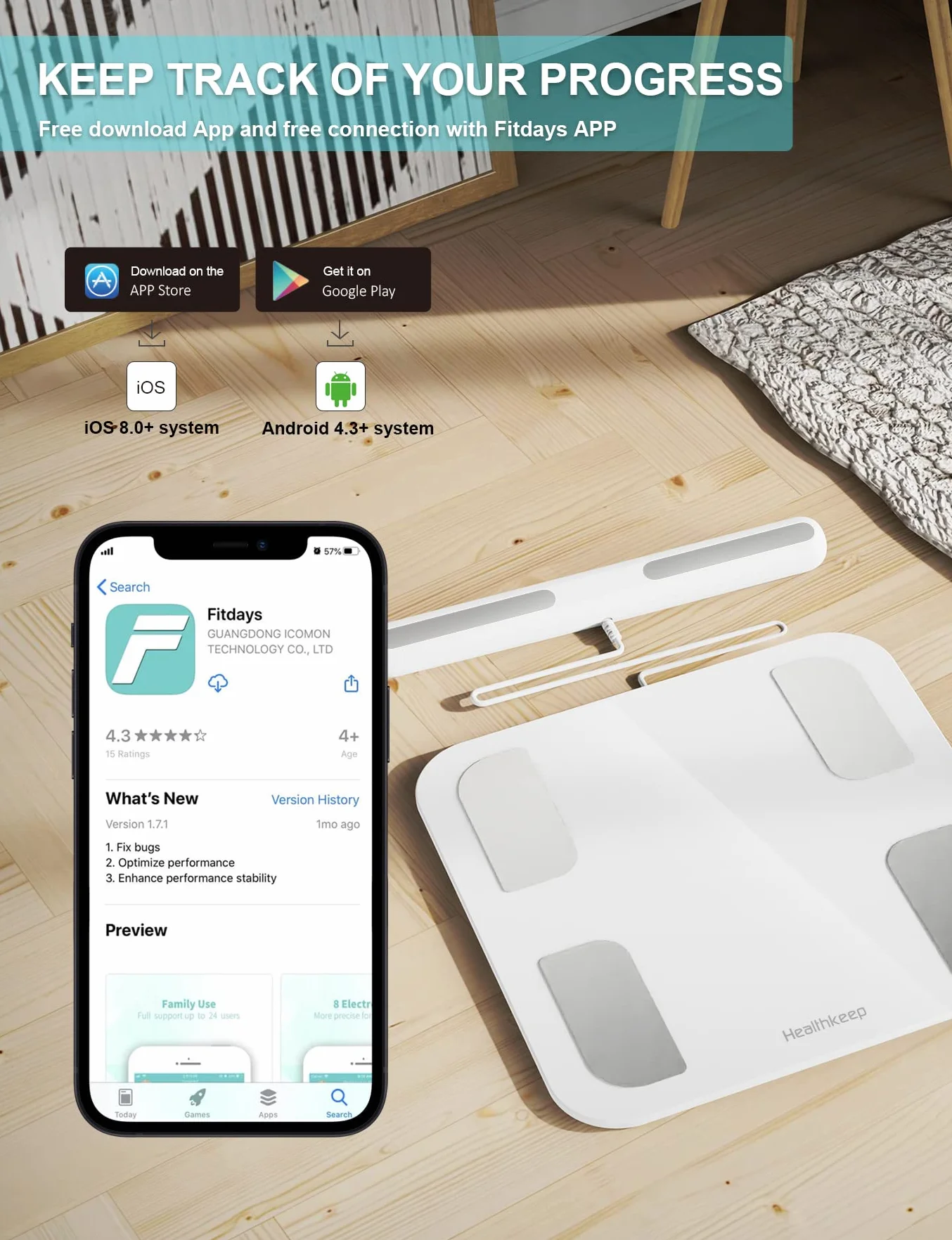 Inteligentna waga łazienka z 8 elektrodami, Bioimpedancja precyzyjna cyfrowa łazienka, 18 niezbędnych pomiarów, dla Andriod i iOS