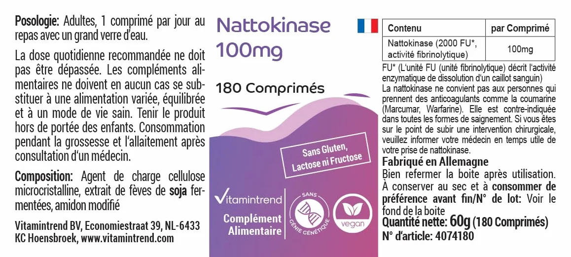 Vitamintrend Nattokinase 100mg, 180 tabletek po 100mg (21.800 FU/g), wysoka dawka, wegański, bez stearynianu magnezu, wyprodukowany w Niemczech
