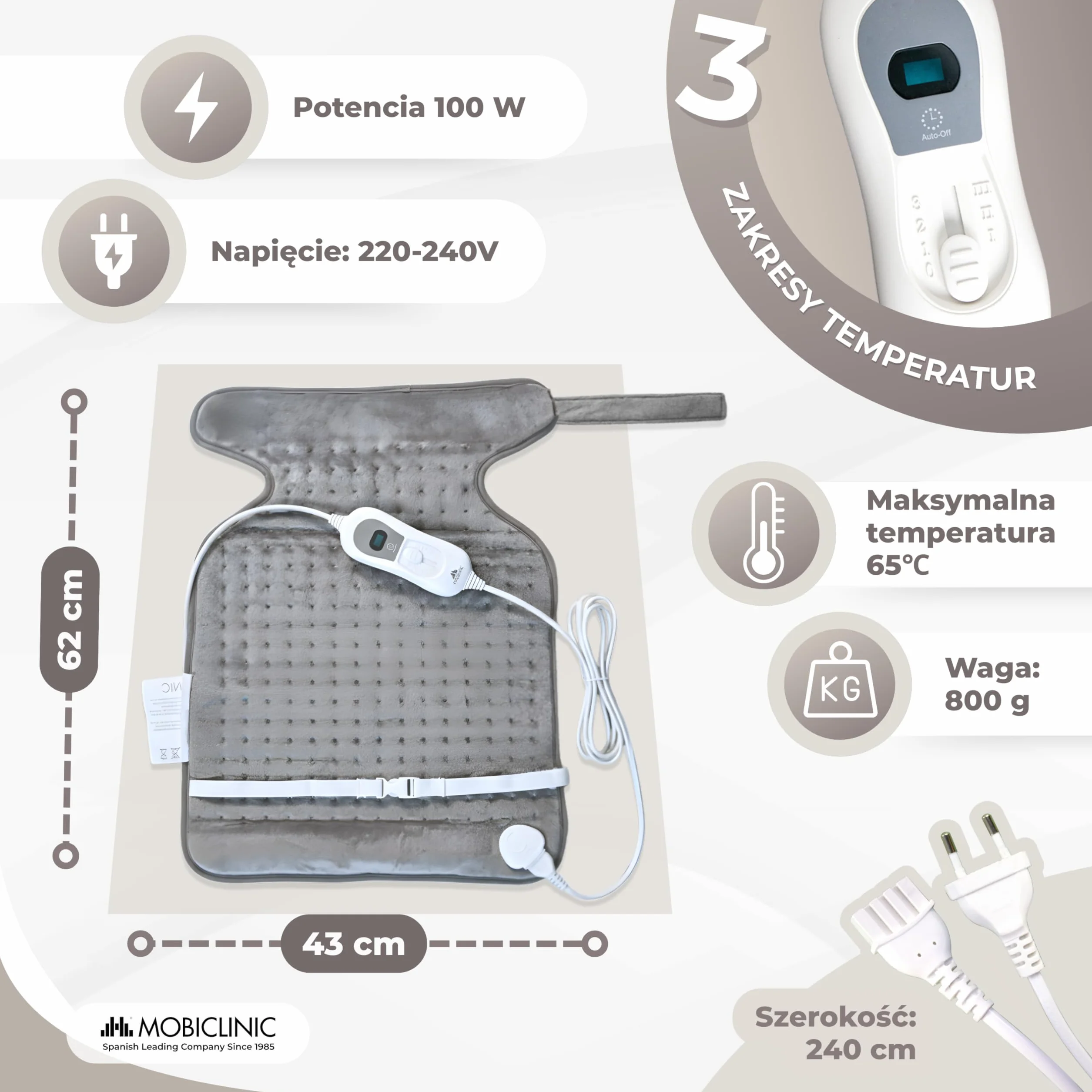 Grzbietowych i szyjny poduszka elektryczna | 62x43 cm | 3 ciepła | Auto Off | Mobiclinic