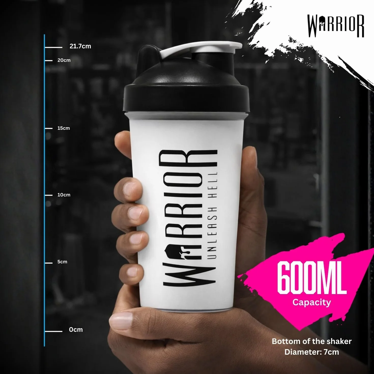 Warrior Butelka do shakera proteinowego, zawiera mieszadło druciane, 600 ml, idealna do mieszania sproszkowanych koktajli, przezroczysta, bez BPA, nadaje się do mycia w zmywarce
