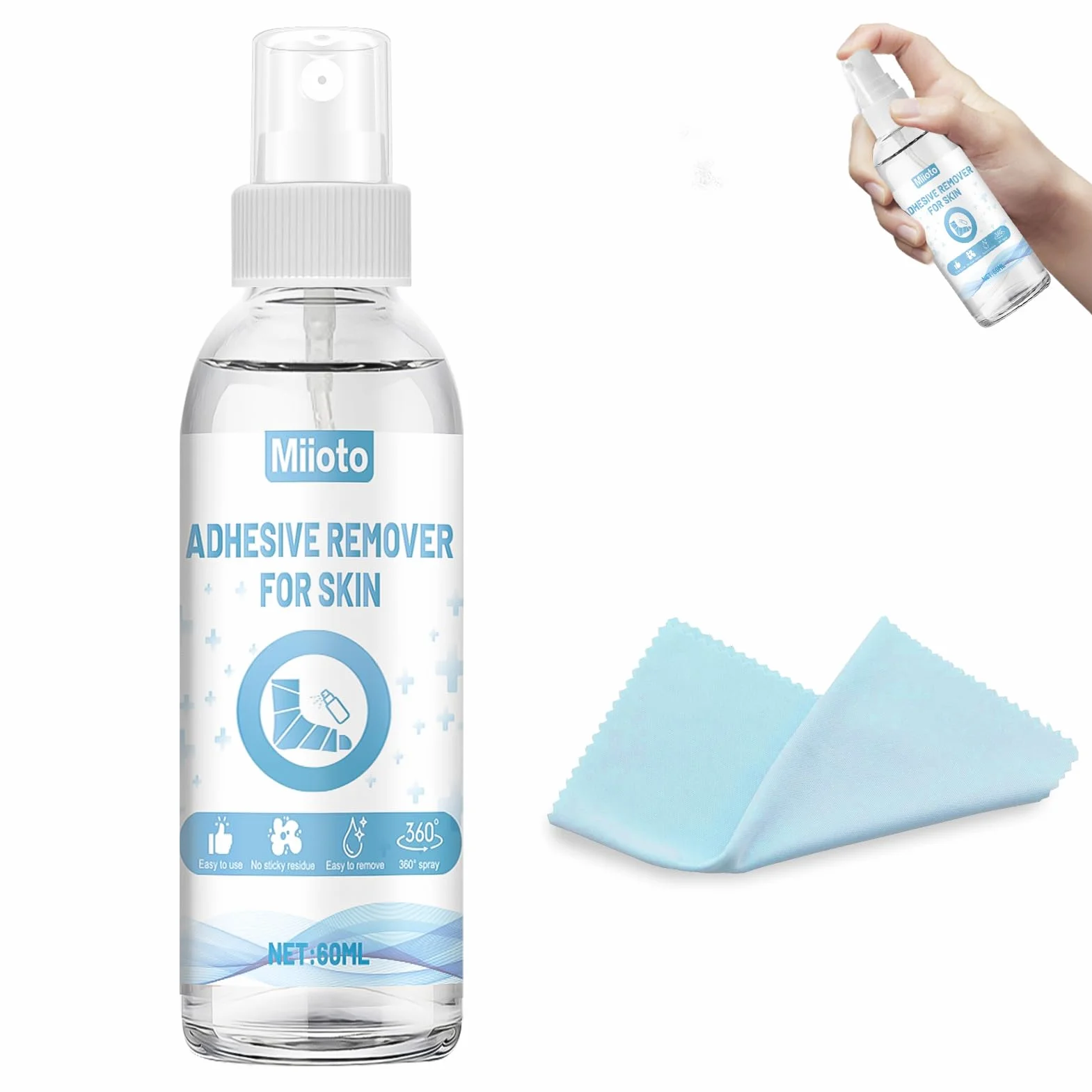 Miioto Środek do usuwania plastrów w sprayu, 60 ml + 12 x 12 cm ręcznik, spray do plastrów, plaster natryskowy, spray do usuwania resztek kleju