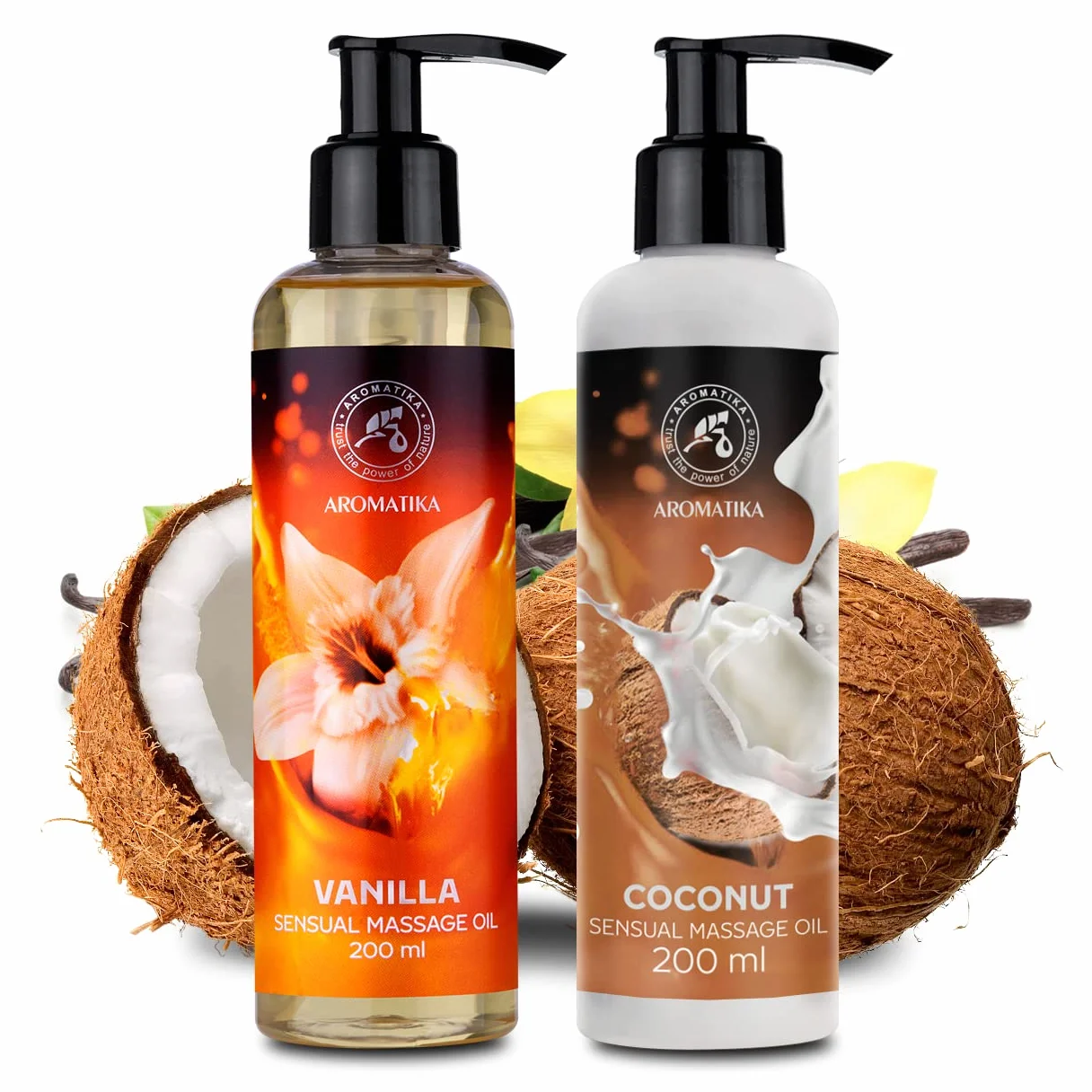 Sensual Vanilla & Coconut Massage Blend 2×200 ml – Edible & Kissable – Almond & Grapeseed Base – Aromatherapy Body Care – Relax