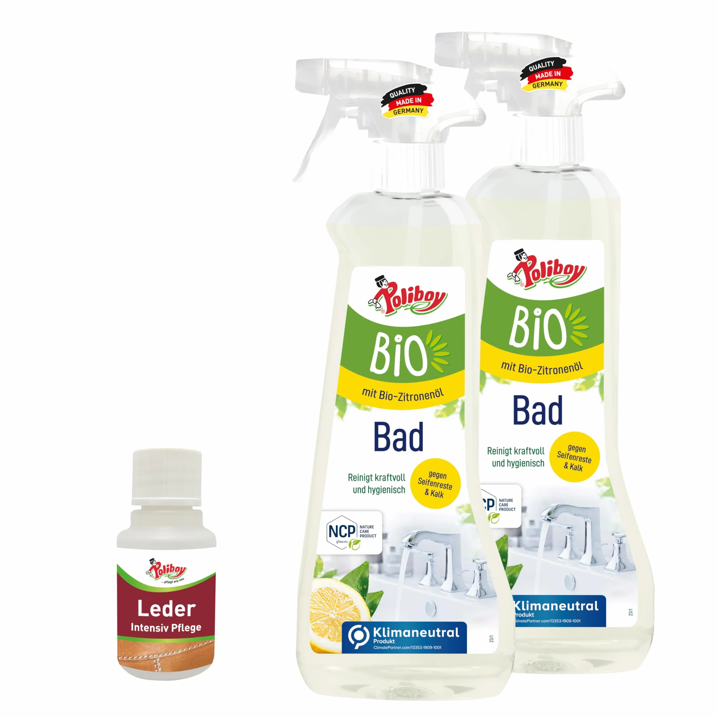 POLIBOY Bio środek czyszczący do łazienki, rozpuszcza kamień, brud i plamy z wody, zapach cytrynowy, wegański, 2 x 500 ml, z próbką produktu, wyprodukowano w Niemczech