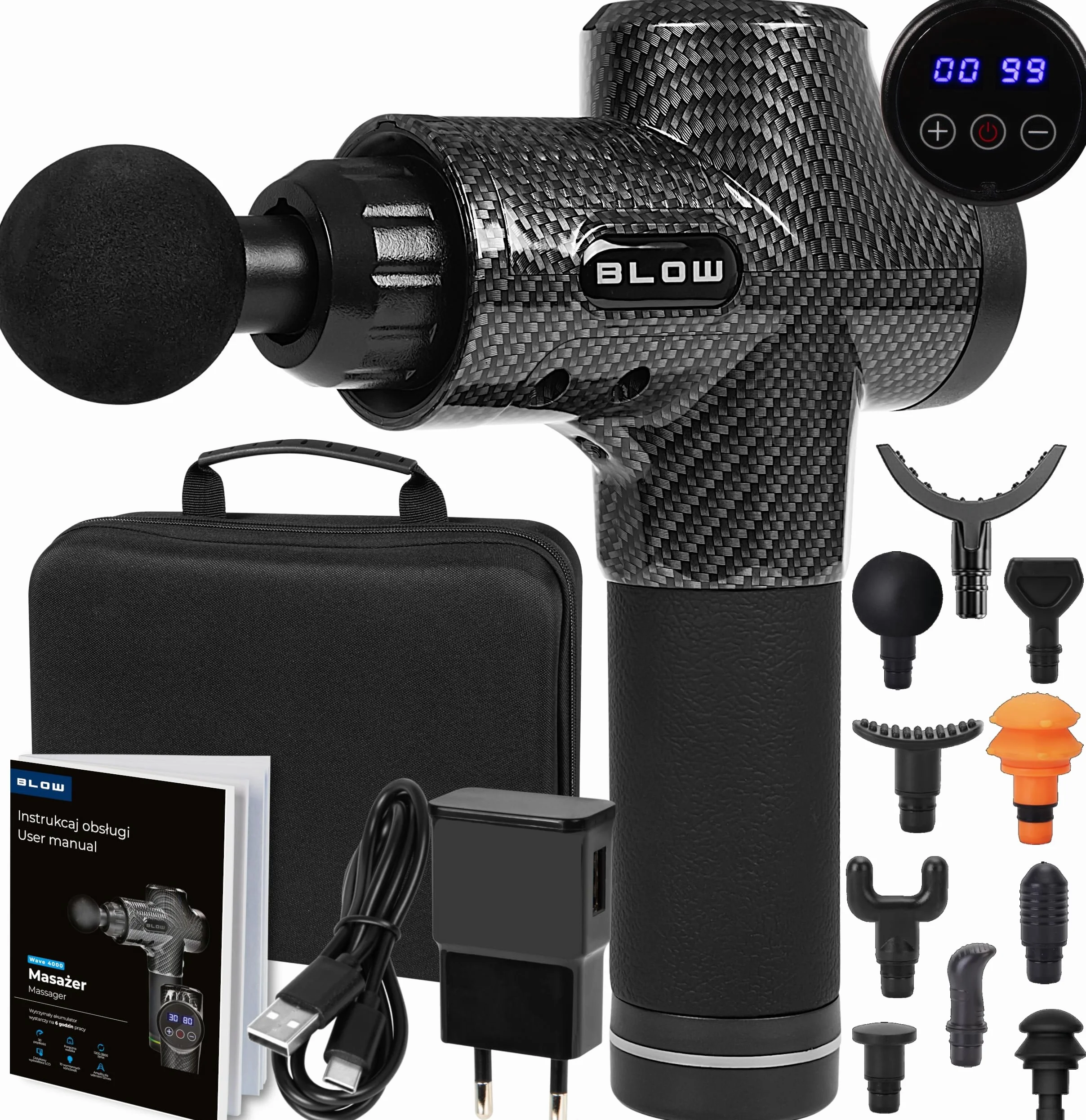 BLOW PISTOLET DO MASAŻU PLECÓW CIAŁA STÓP MASAŻER MASSAGE GUN 10 KOŃCÓWEK ZESTAW