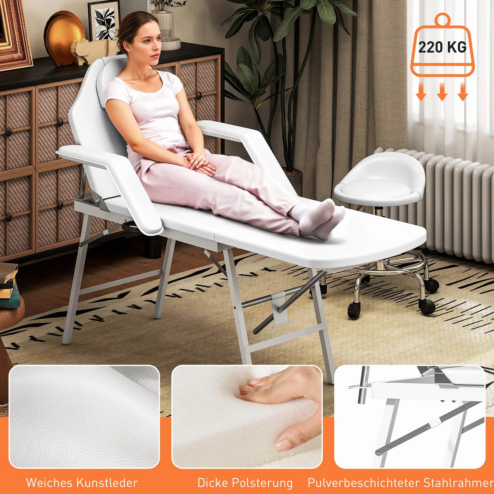 HOMCOM Portable Massage Table 3 Section Adjustable Beauty Bed Foldable with Headrest Padded Armrests White