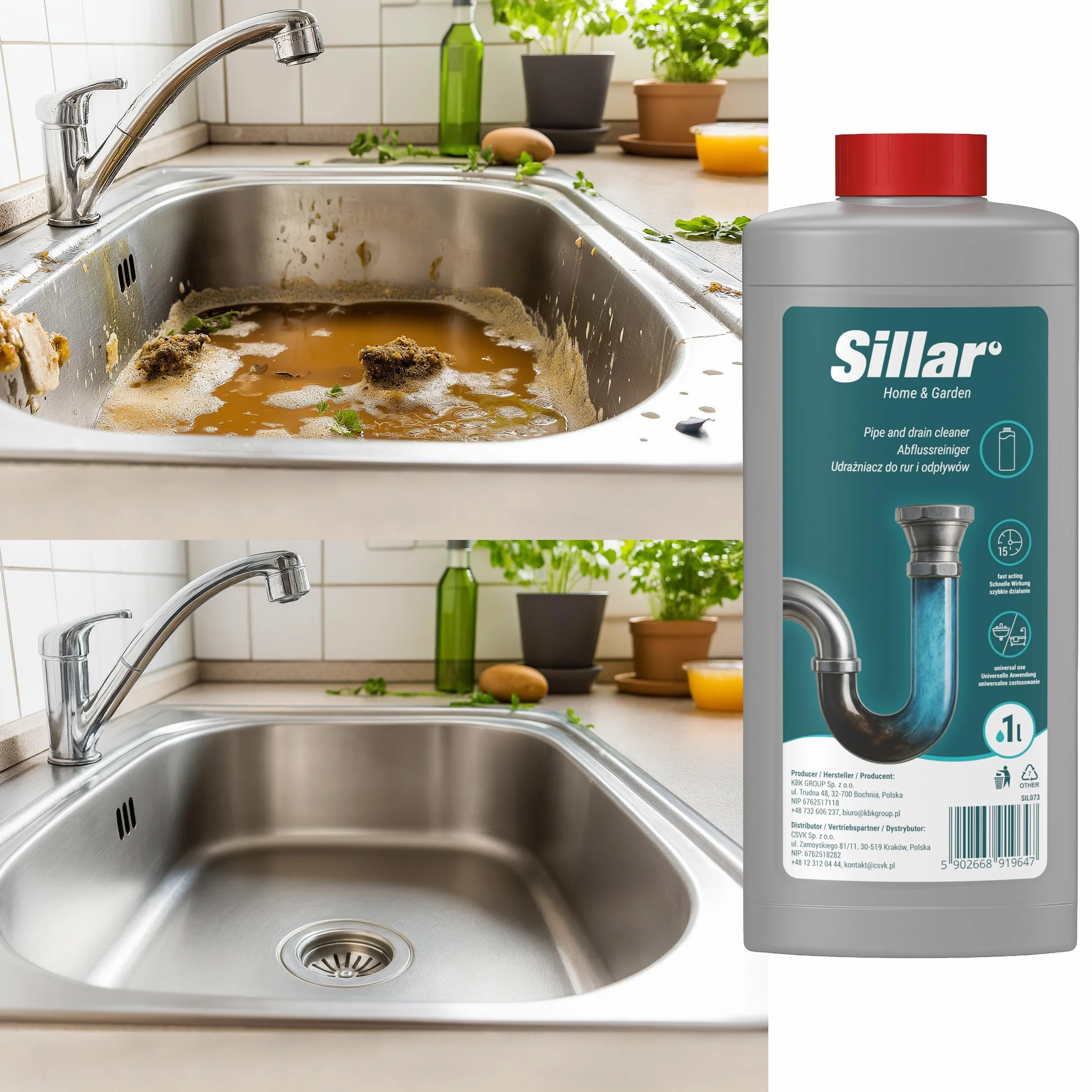 Sillar Żel do udrażniania rur 2x 1000ml EXTRA MOCNY, rozpuszcza włosy, tłuszcz i resztki – do kuchni, prysznica i WC, efekt piany