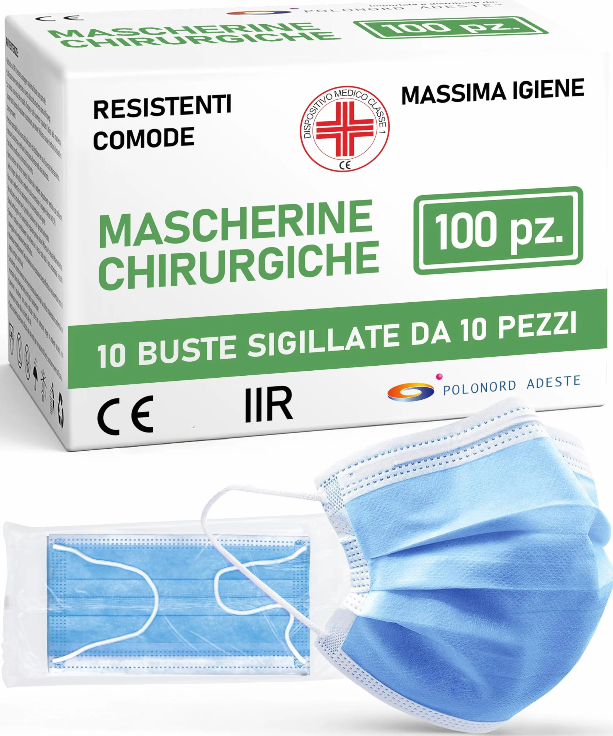 ADESTE 100 jednorazowych masek chirurgicznych typu IIR, 3-warstwowe, certyfikat CE, certyfikat CE, hipoalergiczny, odporny na zachlapanie, filtracja BFE > 98%