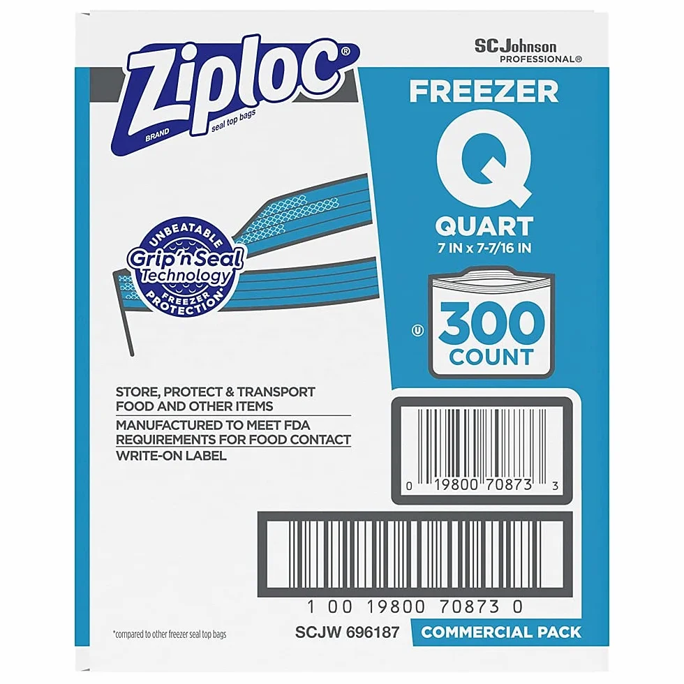 Ziploc Torby do zamrażarki z podwójnym zamkiem błyskawicznym, 1 qt, 2,7 mil, 7 x 7 3/4, przezroczyste, 300/karton