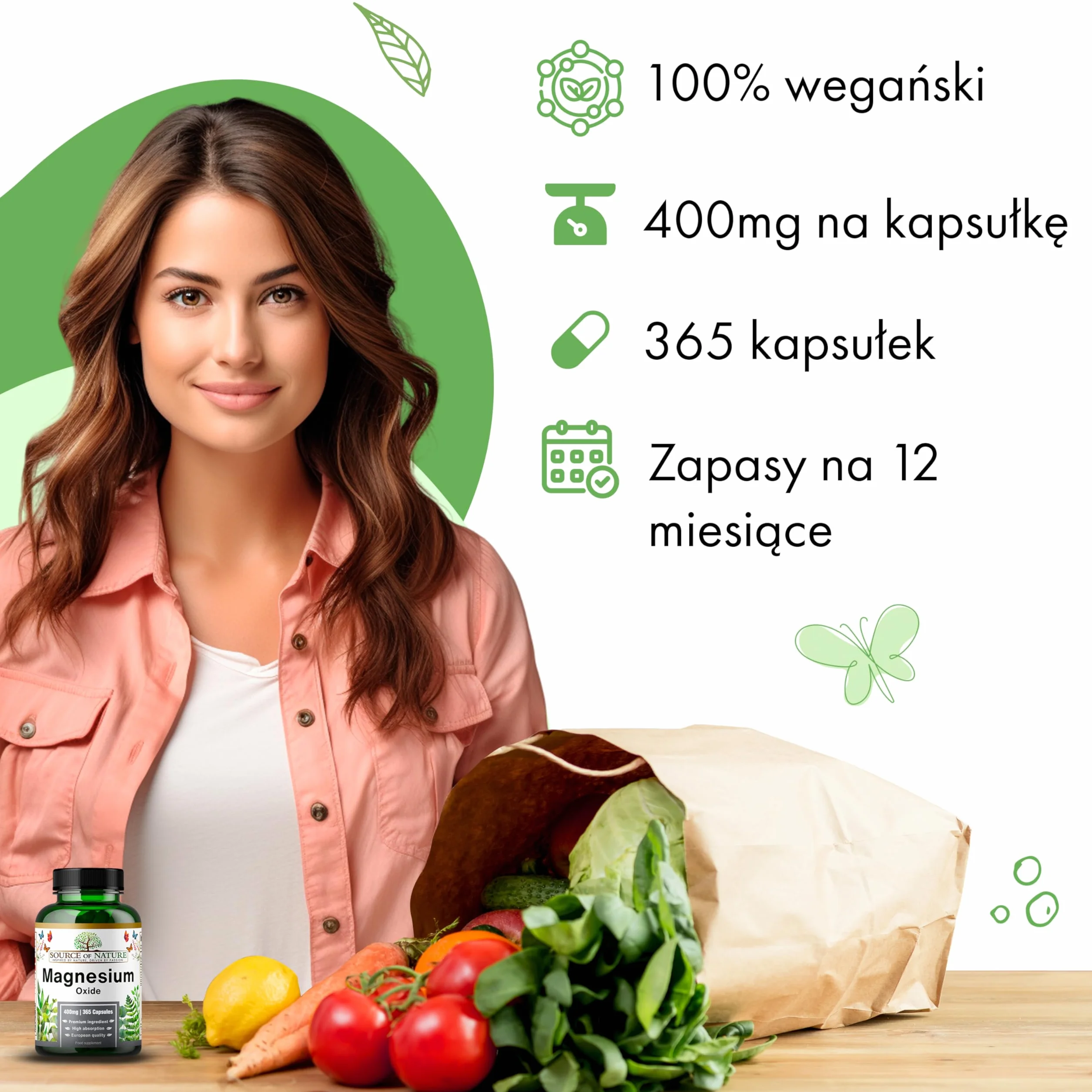 Tlenek Magnezu 665 mg | 400 mg Magnezu Elementarnego | 365 Kapsułek Wegańskich | Wysoka Dawka | Roczny Zapas | Source of Nature