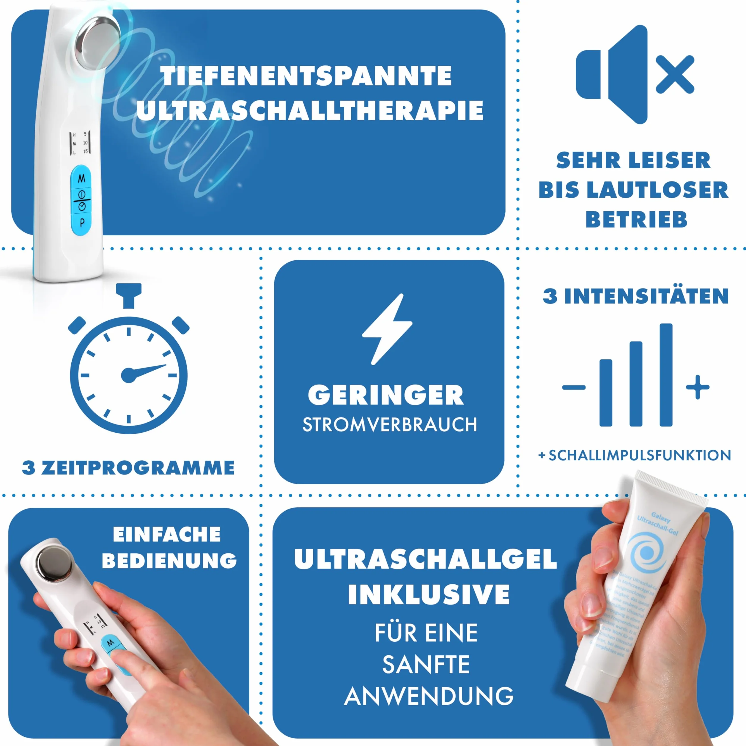 Ultradźwiękowa terapia bólu – certyfikowany produkt medyczny, skuteczny w przypadku bólu mięśni, artrozy, naprężeń i napięć, żel ultradźwiękowy 150 ml, 3 poziomy intensywności, plecy i stawy