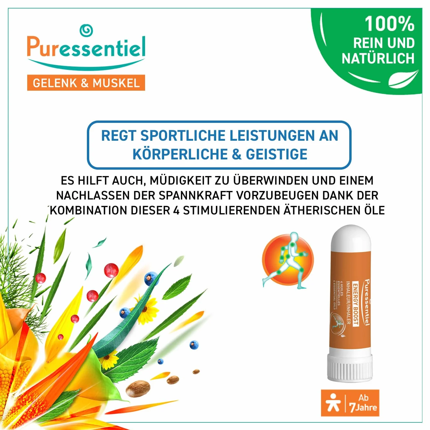 Puressentiel – inhalator dla stawów i mięśni – Energy Boost z 4 olejkami eterycznymi – naturalne wzmocnienie – napięcie fizyczne i psychiczne – 1 ml