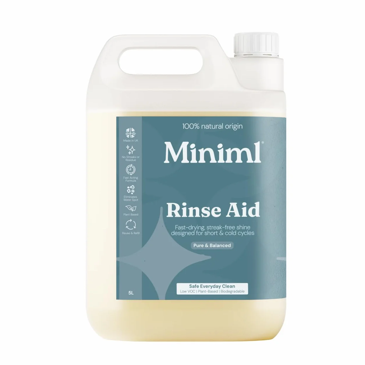 Miniml Płyn do Płukania 5L Refill, Całkowicie Naturalny Środek do Mycia Zmywarek do Mycia Naczyń do Bezsmugowego Mycia Szkła i Naczyń, 5L Wkład Wegański