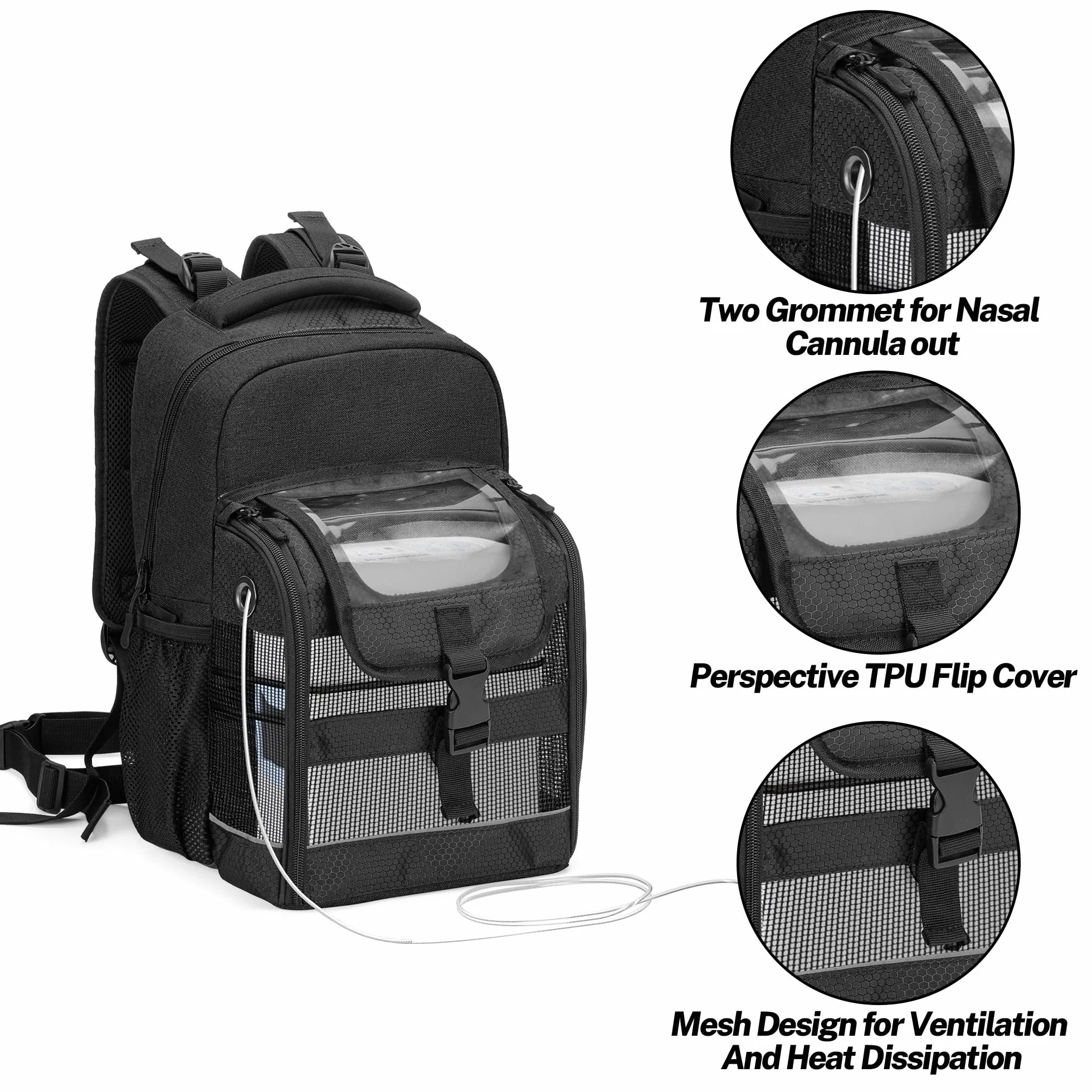 Trunab Plecak transportowy POC z przezroczystą osłoną, kompatybilny z Inogen One, Caire Freestyle Comfort, Oxygo, SimplyGo Mini, Czarny