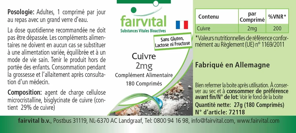 Fairvital | Miedź 2mg – 180 tabletek – bisglicynian miedzi – sprawdzona jakość i wysoka dawka – 100% wegański – wyprodukowany w Niemczech