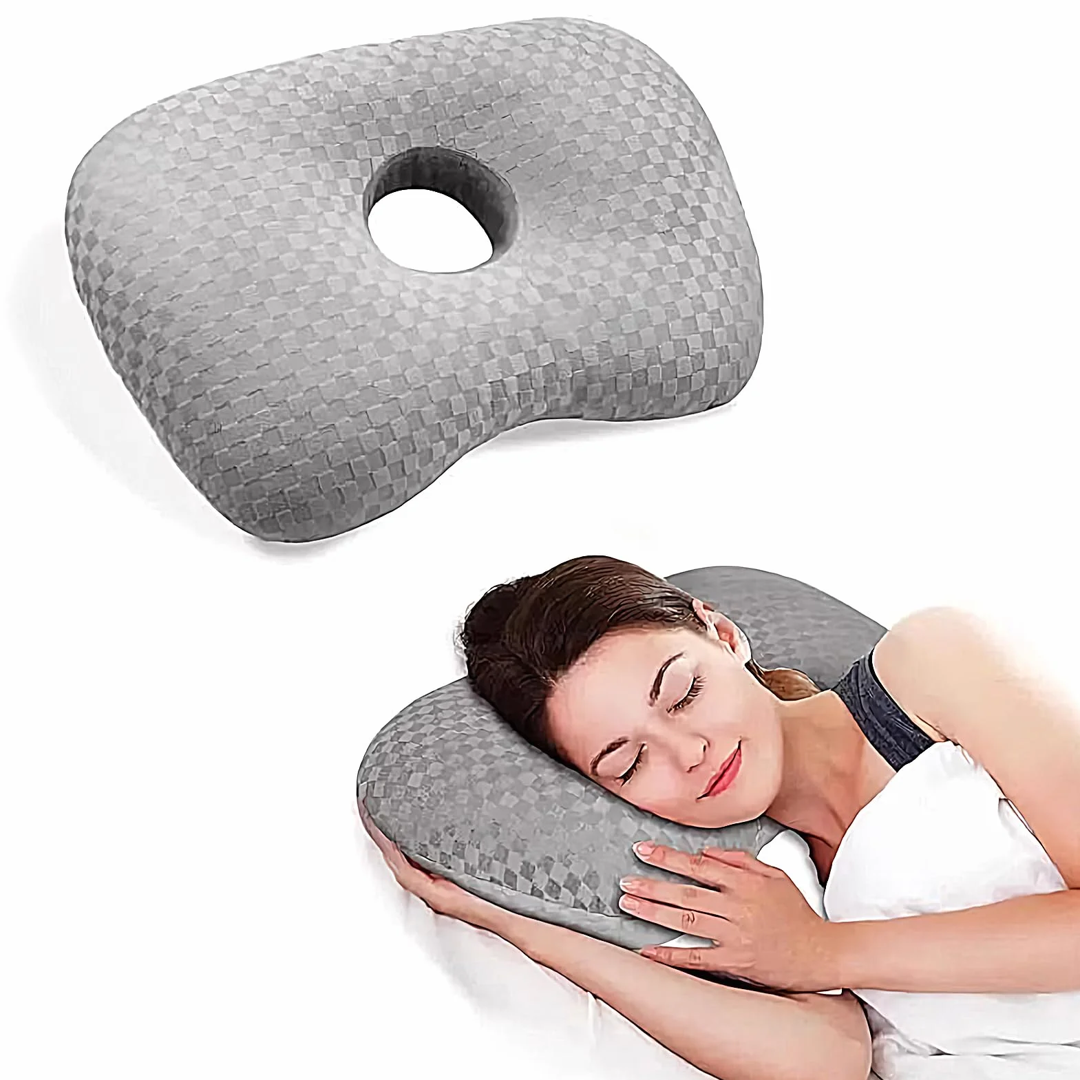 Ergonomic Donut Pillow with Ear Holes 17.32x12.6x0.79in Gray for Travel Office Car