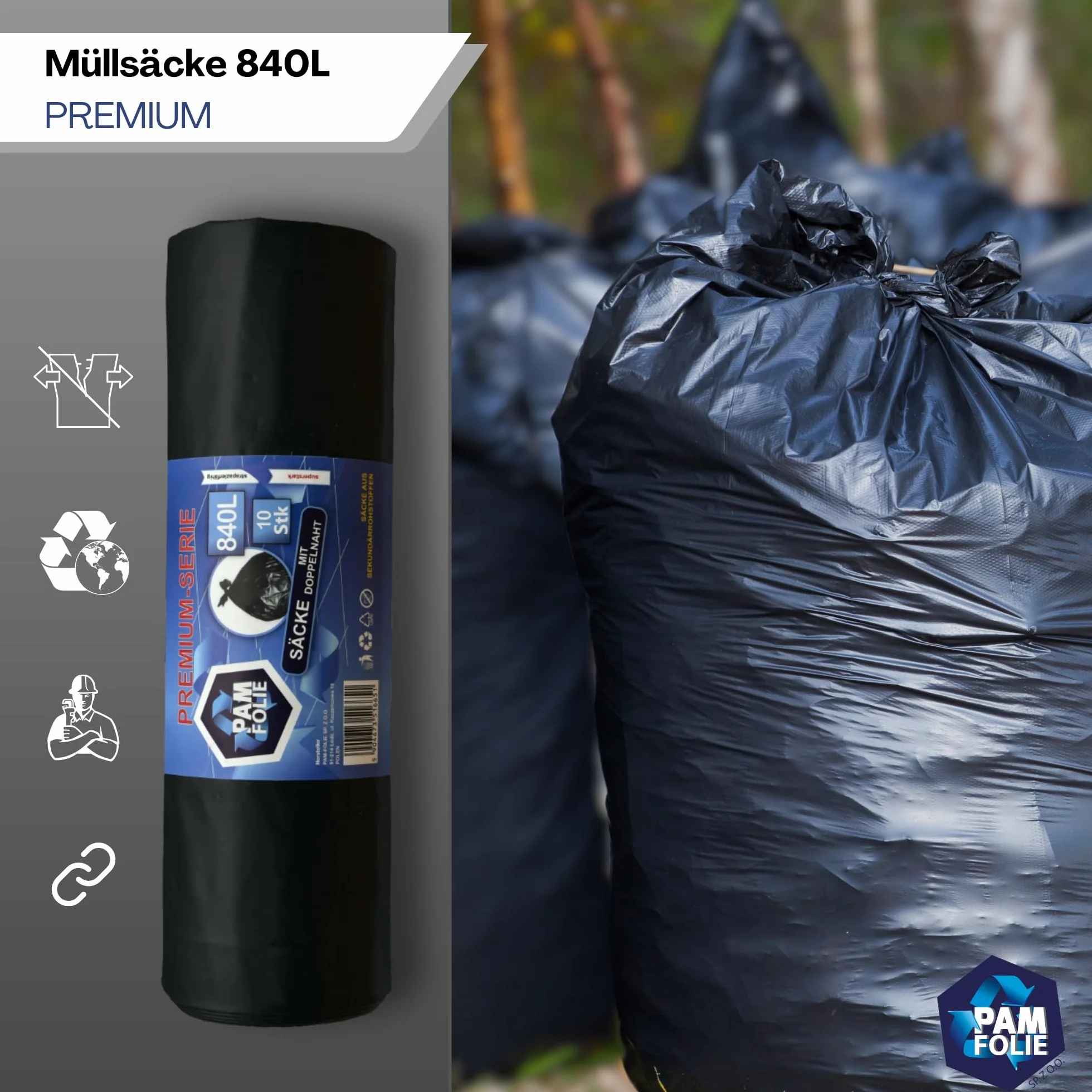 Worki Na Śmieci 840L - 10 Sztuk XXL - Duże Worki Na Odpady Budowlane Premium - 130x170cm - 40µm - Czarny Pojemnik Na Śmieci - Styropian