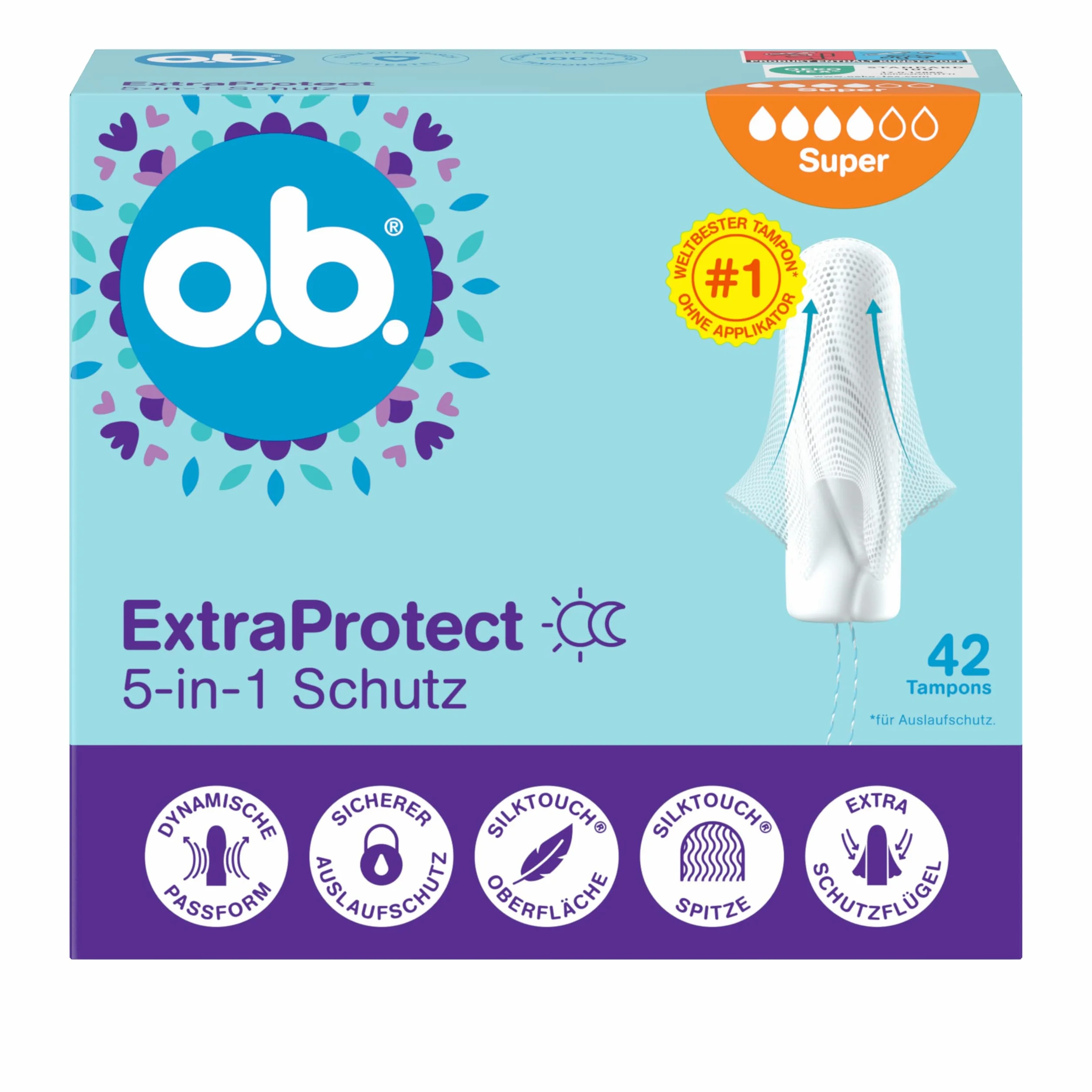 o.b. ExtraProtect 5 w 1 tampony ochronne (1 x 42 szt.) z dodatkowymi skrzydłami ochronnymi dla najlepszej na świecie niezawodnej ochrony przed wyciekiem i komfortu