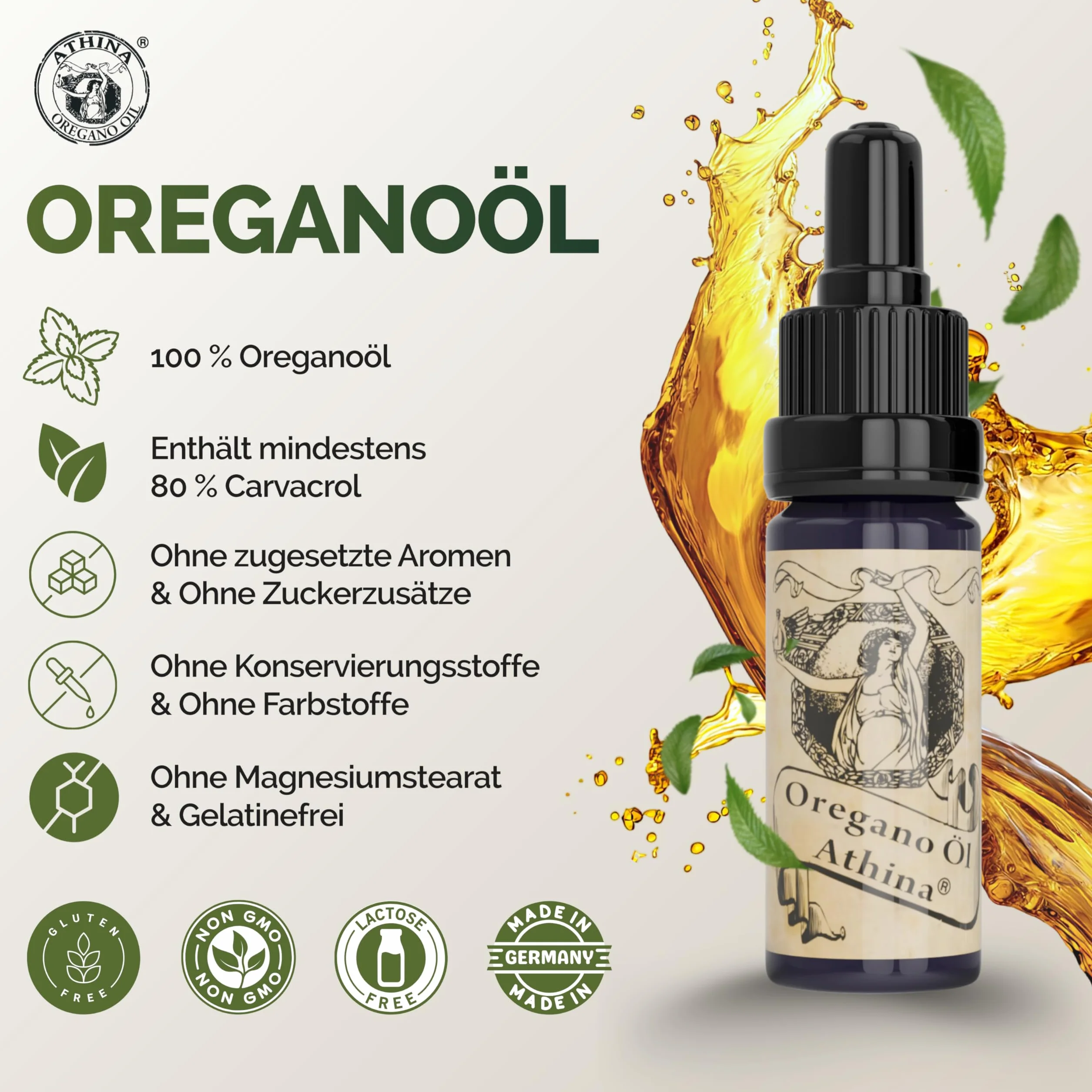 Athina Oregano olejek eteryczny z oregano, Origanum Vulgare Hirtum z Grecji, 80% karwakrolu, 1 x 10 ml