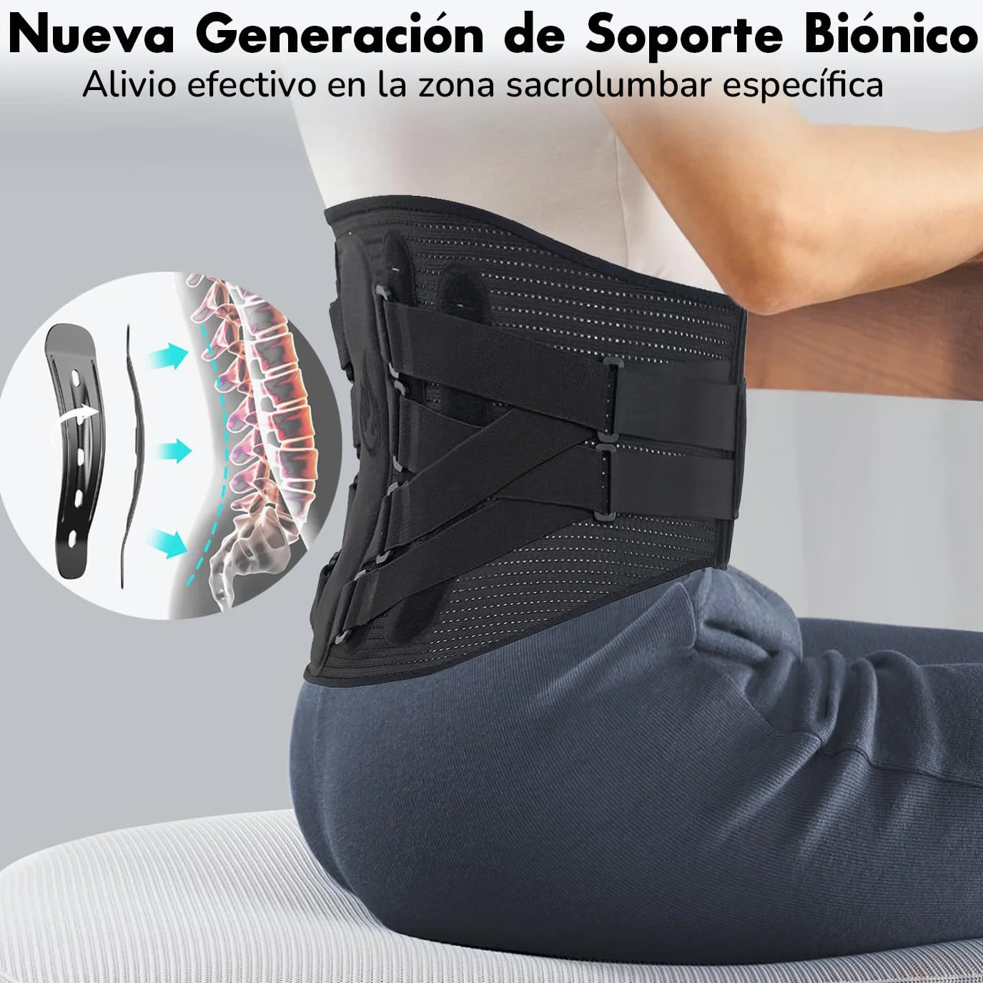 Pas lędźwiowy dla mężczyzn i kobiet ze wsparciem bionicznym, 3D, ergonomiczne szyny, 8 punktów kompresyjnych, oddychająca elastyczna siatka, bóle pleców, rwa kulszowa