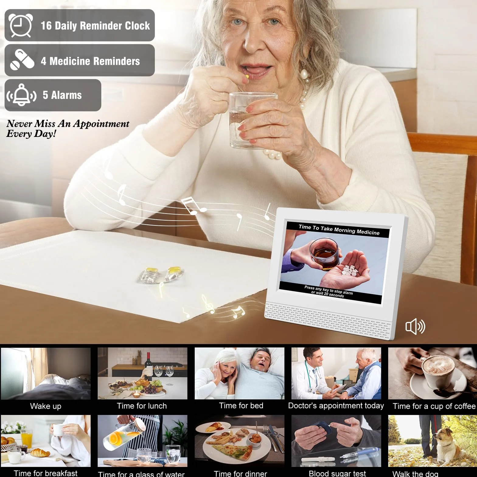 Budzik Cyfrowy Kalendarz Zegar, 7" LCD Automatyczne ściemnianie z czasem, datą, rokiem miesiącem dzień bez skrótu Pełny zegar dla osób starszych Utrata pamięci Alzheimer demencja - biały