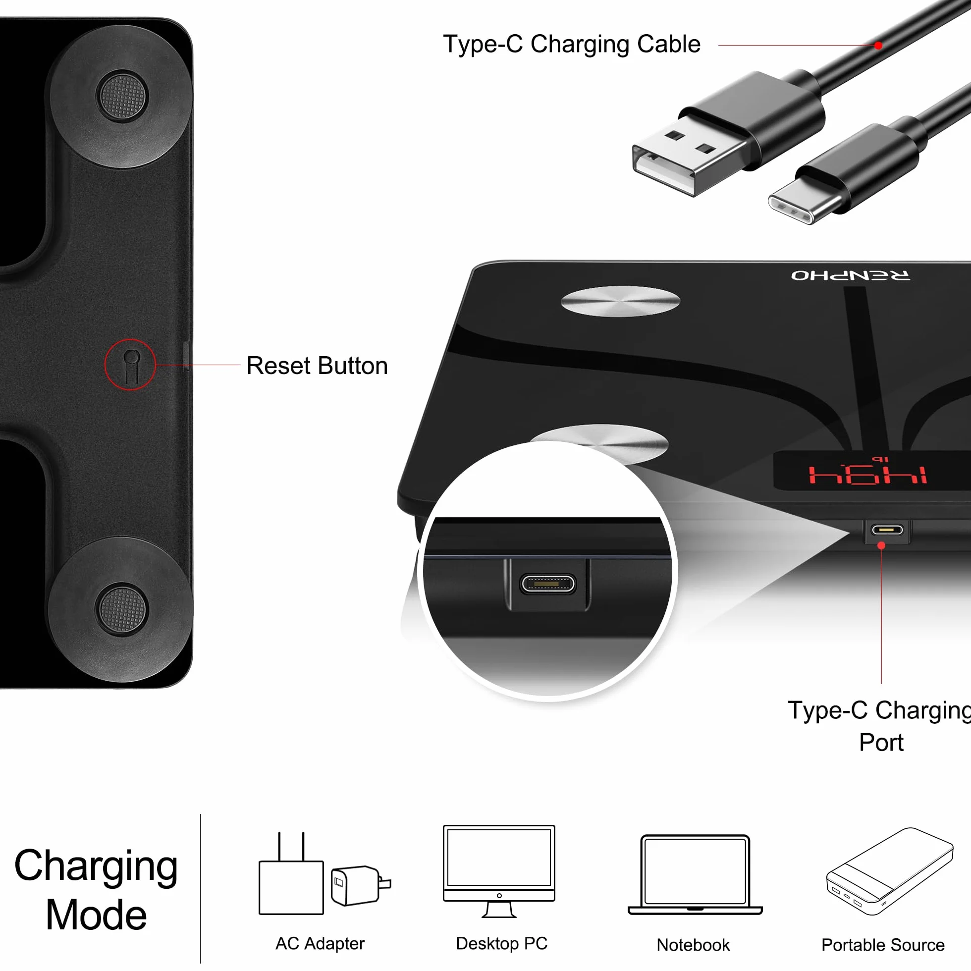 RENPHO Inteligentne Wagi Do Pomiaru Tkanki Tłuszczowej Usb Do ładowania, Wagi łazienkowe Bluetooth Precyzyjna Waga Z Aplikacją Na Smartfona, Monitor Składu Ciała Dla Tkanki Tłuszczowej, Bmi, Masy Ciała, Masy Mięśniowej