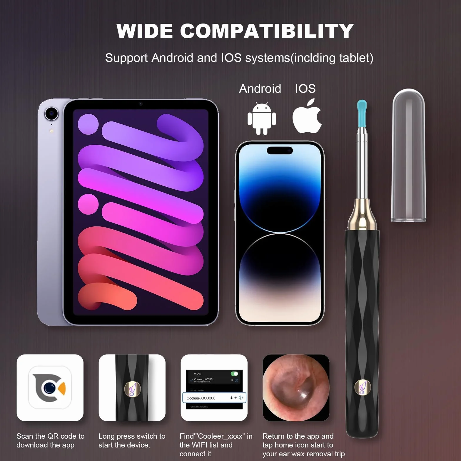 Otoskop do usuwania woskowiny z uszu EarFairy Kamera do czyszczenia uszu HD wodoodporne lusterko do czyszczenia uszu i 6 diodami LED do iPhone'a, iPada i smartfonów z systemem Android