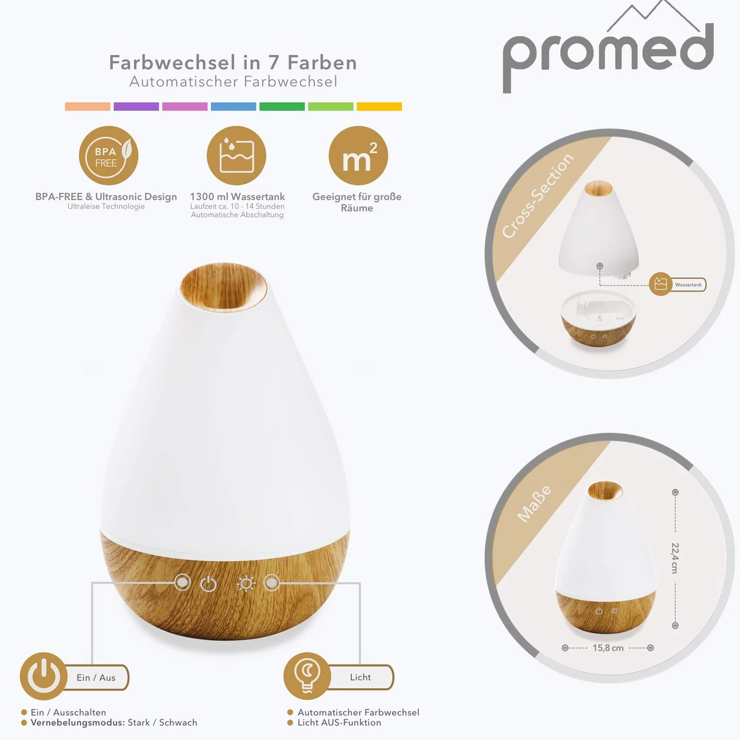 Promed AL-1300 WS dyfuzor zapachowy 1300 ml, ultradźwiękowy nawilżacz powietrza 1,3 l, nawilżacz powietrza, elektryczna lampa zapachowa, wzornictwo z drewna z 7 kolorami LED, dyfuzor do aromaterapii